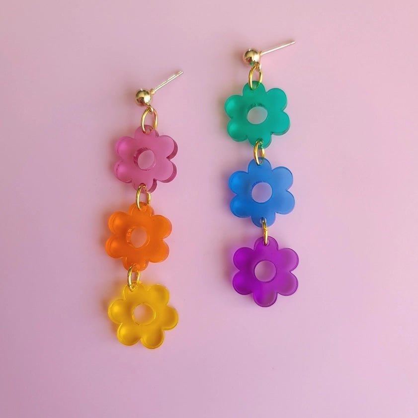 Triple Rainbow Flower Earrings for Women - Boho Dangle Drop Earrings for Party, Wedding & Everyday Wear