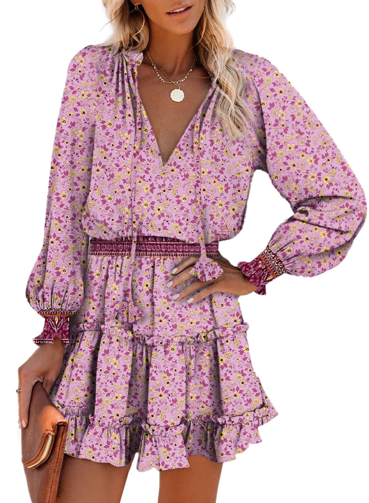 Dokotoo 2025 Spring Boho Floral Print Chiffon Mini Dress with V-Neck, Drawstring Waist, Smocked Long Sleeves & Ruffle Tiered Design - Perfect for Casual Outings, Beach Vacations & Summer Parties