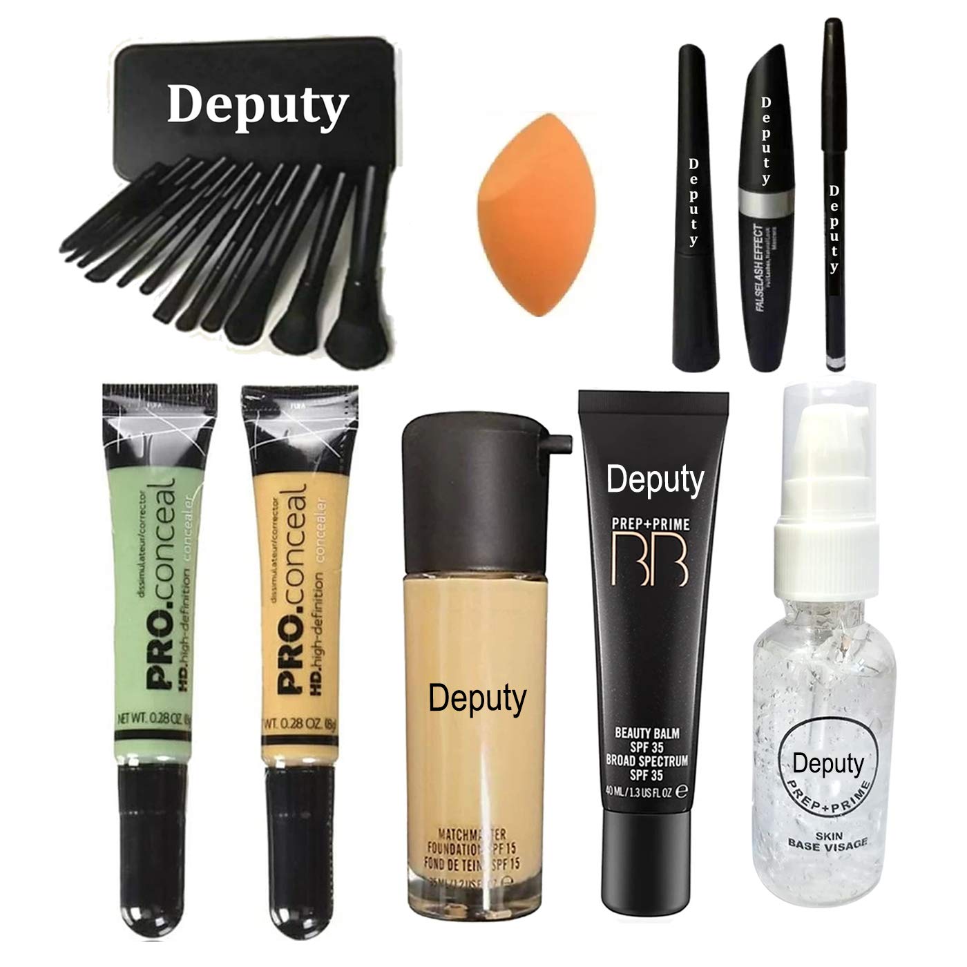 Deputy HD Pro Concealer - Green & Yellow Color Correcting, Waterproof Foundation & Prep+Prime Balm Face Makeup Primer | 12-Piece Brush Set with 1 Blender | Waterproof Eyeliner, Mascara & Eyebrow Pencil (3-in-1) | 8-Piece Makeup Kit for Flawless Coverage & Long-Lasting Wear | Perfect for Daily Use, Professional Makeup & Special Occasions
