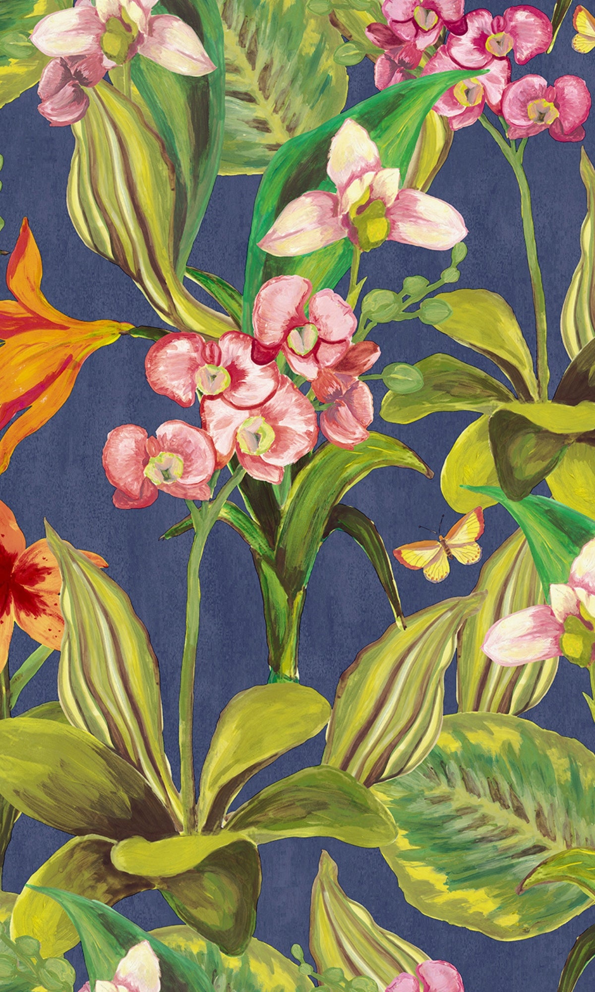 Blue & Pink Hand Painted Orchids Floral Wallpaper R8140 - Elegant Botanical Peel and Stick Wallpaper for Bedroom, Living Room & Nursery Decor