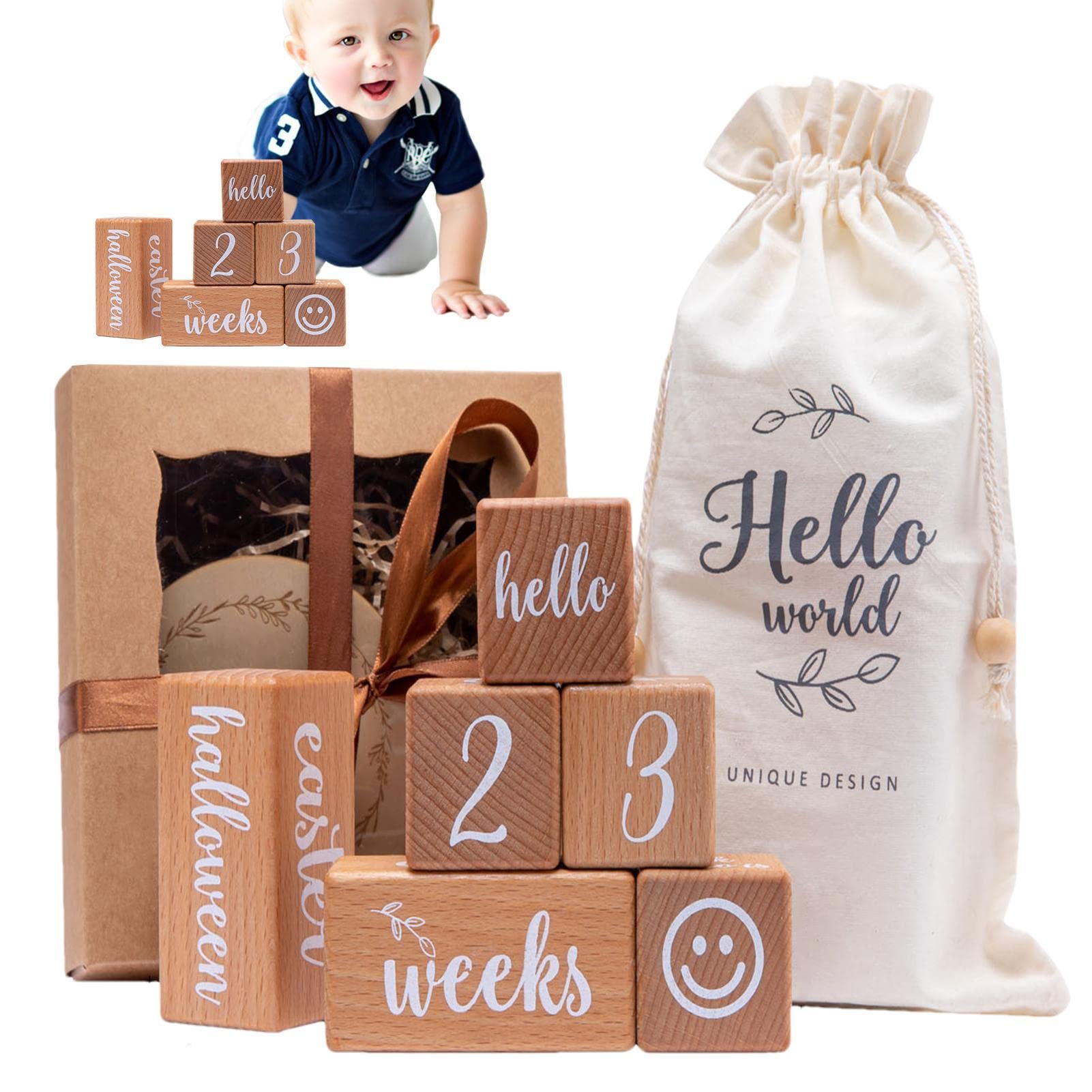 Baby Milestone Blocks Set - Wooden Growth Record Cards for Boys & Girls - Digital Age Milestones for Baby's First Year - Perfect for Birthdays, Photo Props, and Nursery Decor
