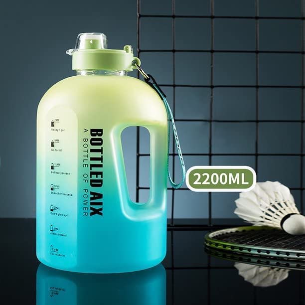RELEMTRA 2.2L Large Water Bottle with Time Marker - Gradient Sports Water Bottle with Strap & Wide Mouth for Ice Cubes - Perfect for Outdoor Activities, Gym Workouts & Hiking (Green)