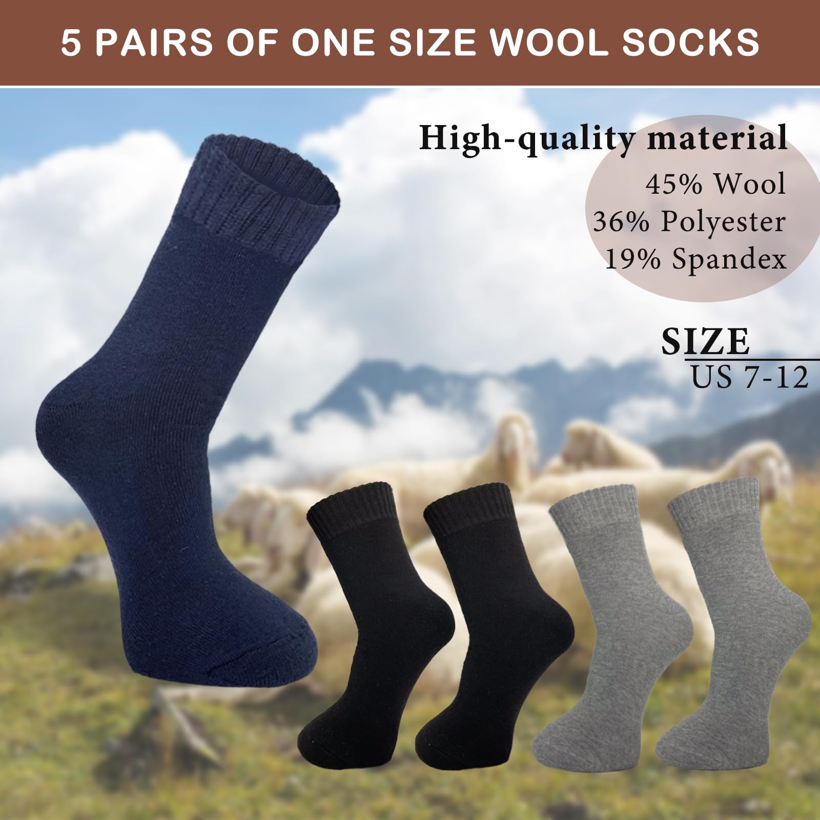 VoJoPi Men's Thermal Wool Hiking Socks - 5 Pairs Warm Cushioned Boot Socks for Walking, Outdoor Activities & Winter Comfort - Super Soft Cozy Socks for Daily Wear, Camping & Cold Weather
