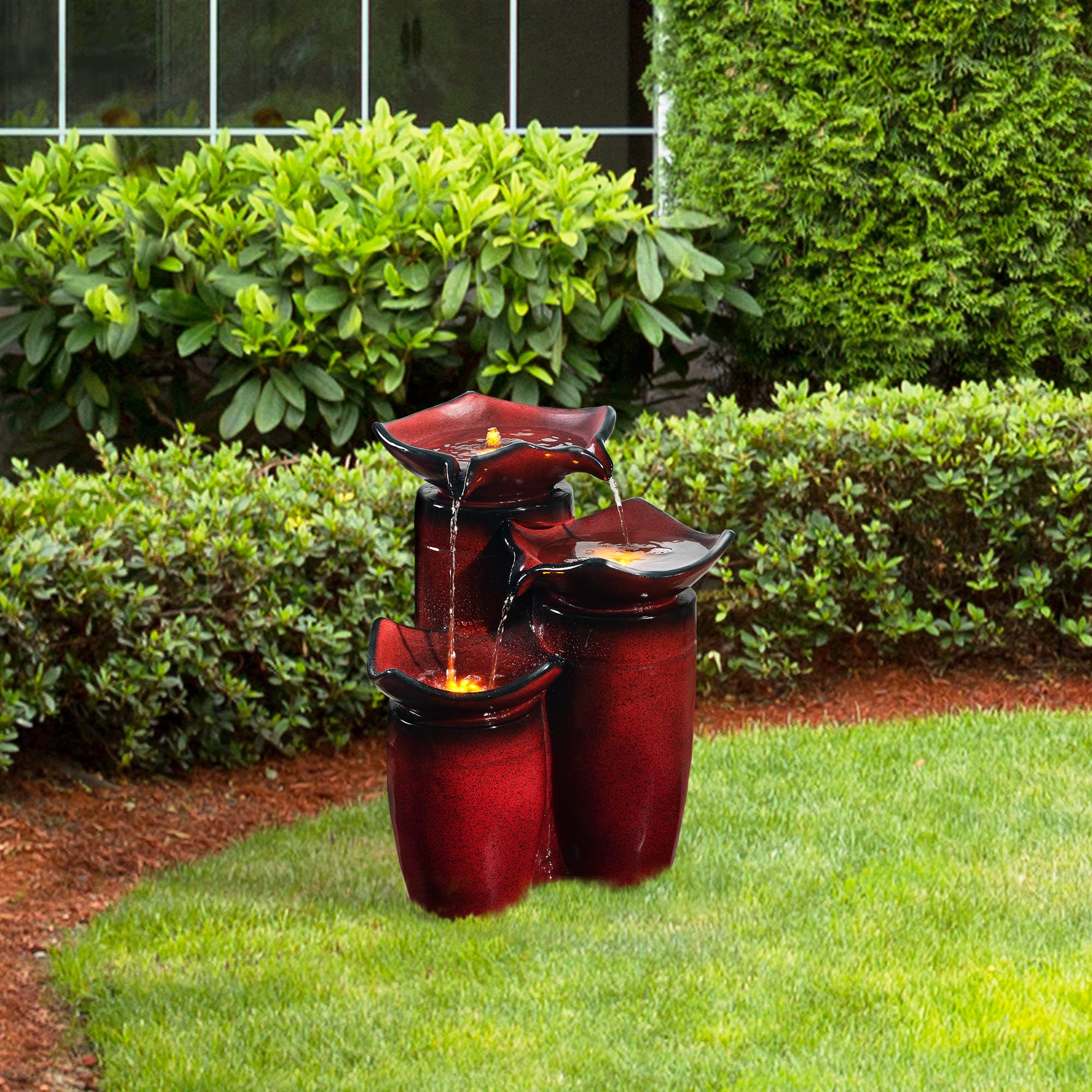 Teamson Home 3-Tier Outdoor Water Fountain with LED Lights & Pump - 20 Inch Gradient Red Glazed Ceramic Floor Fountain for Garden, Patio, Backyard, Deck Decor | Perfect for Relaxing Ambience, Zen Meditation Spaces & Landscape Enhancement