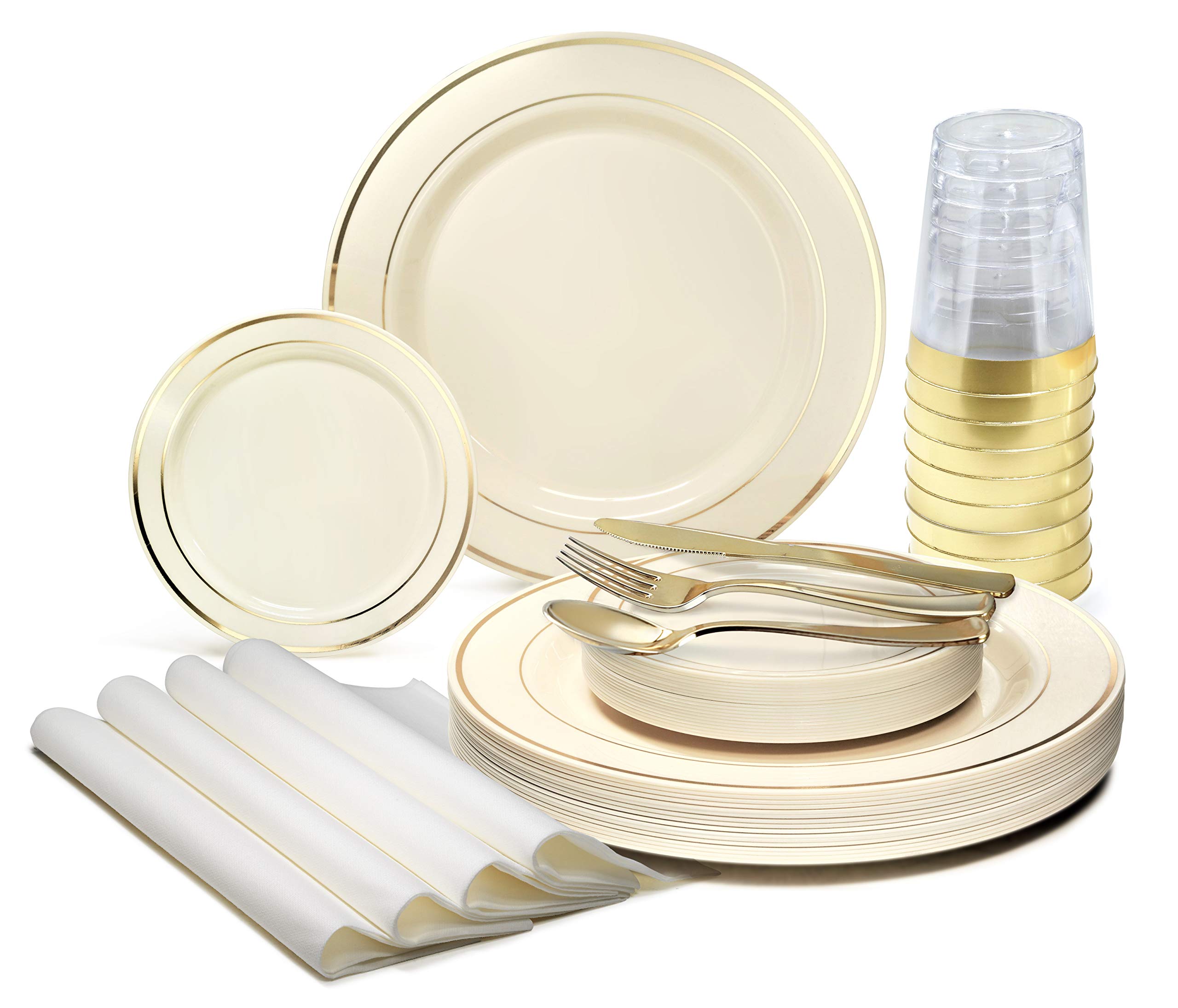 840-Piece Heavyweight Disposable Plastic Plate Set for Weddings & Parties - 120 x 10.5'' Dinner Plates, 120 x 6.25'' Dessert Plates, Gold Silverware, Cups & Napkins (Ivory & Gold Rim) - Elegant Tableware for 120 Guests, Perfect for Bridal Showers, Receptions & Large Events