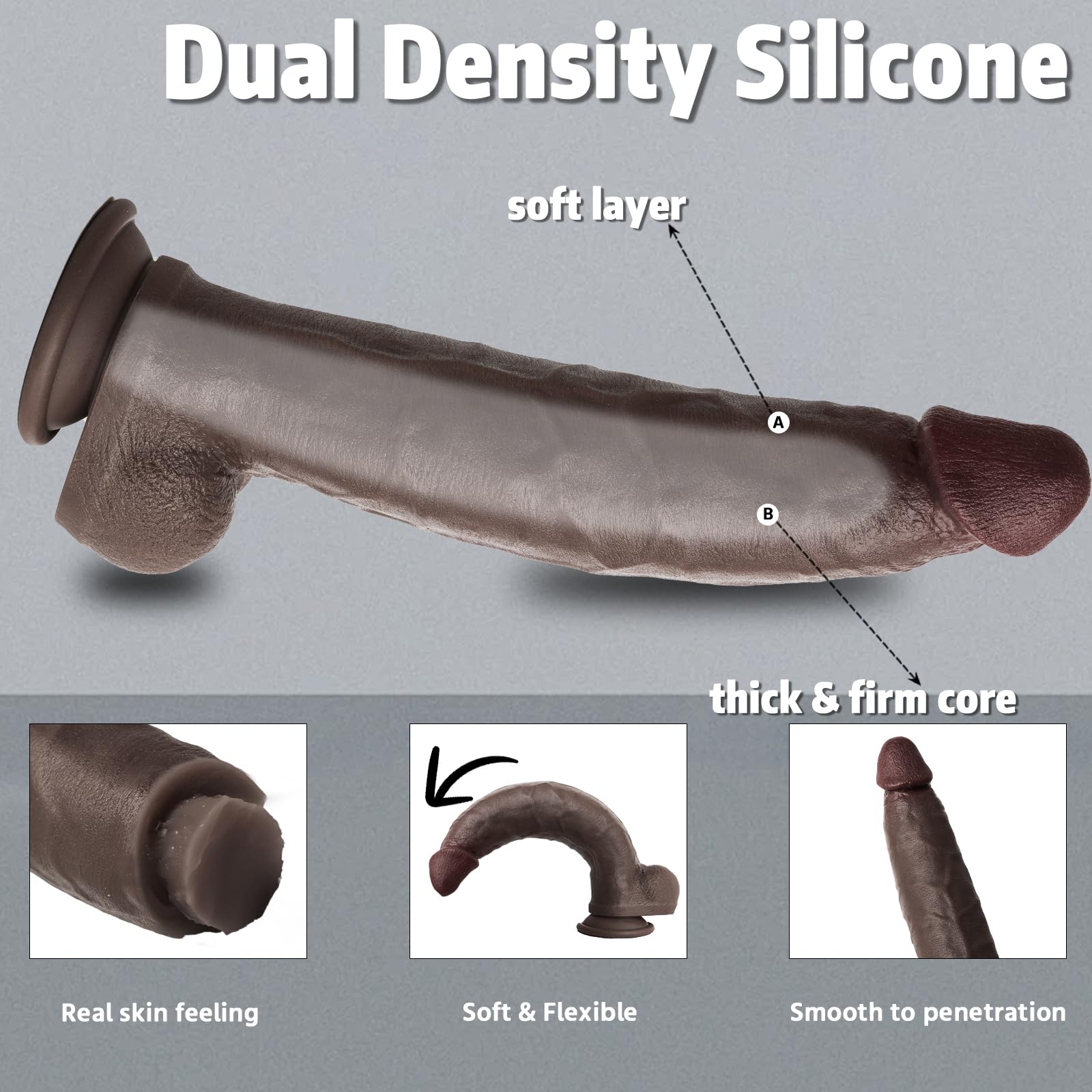 12 Inch Extra Large Dual Density Dildo - Realistic Skin-like Black Curved Dildo with Strong Suction Cup for Women & Men | G-Spot & Anal Stimulation | Adult Sex Toy for Couples, Solo Play & BDSM Fantasy