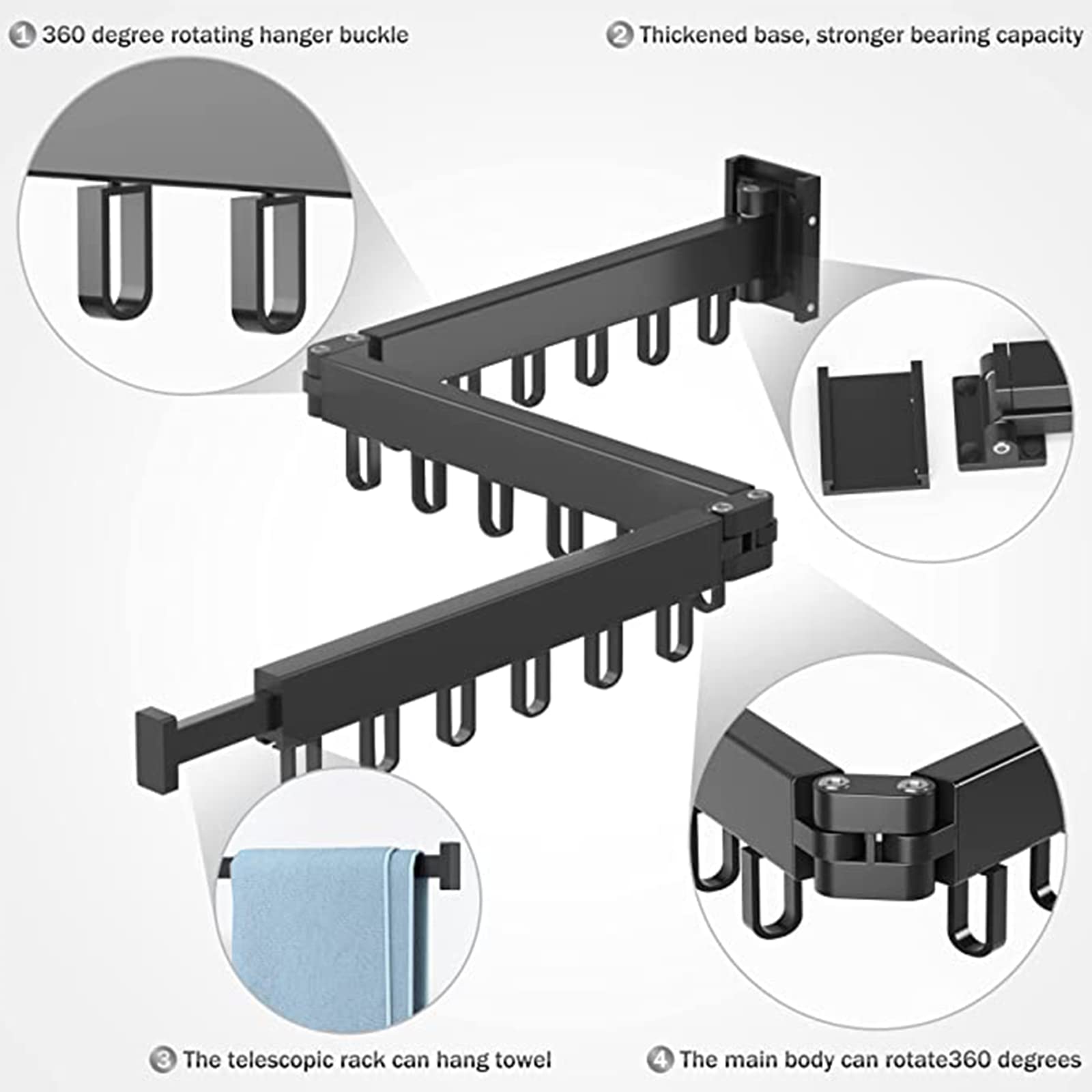 Wall Mounted Retractable Clothes Drying Rack - Space Saving Double Rod Laundry Hanger for Balcony, Bathroom, Patio & Bedroom - Perfect for Small Apartments & Dorm Rooms (Black)