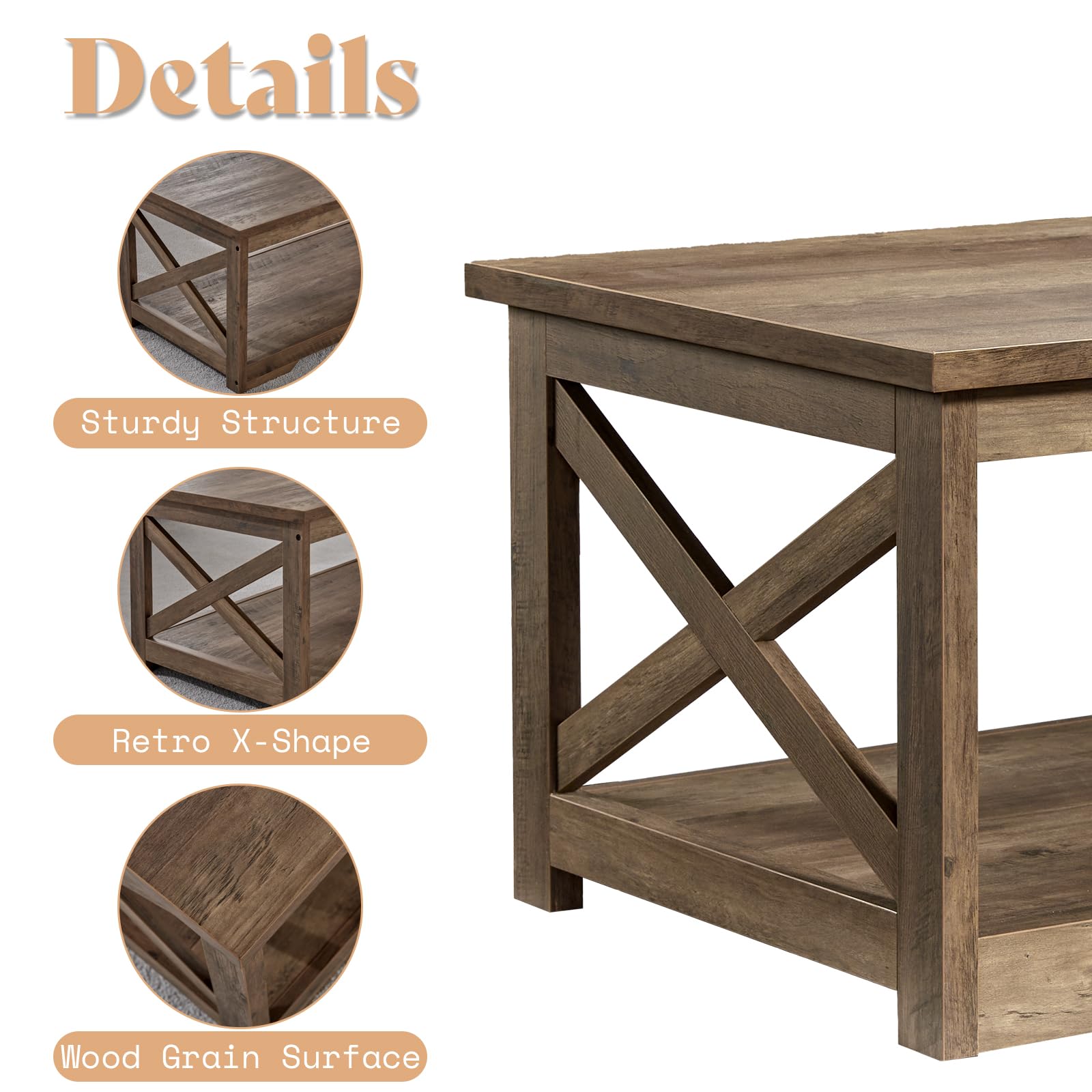 Farmhouse Coffee Table Set with 2 End Tables & USB Charging Station - Rustic Barnwood Living Room Furniture for Home Decor & Entertainment Areas