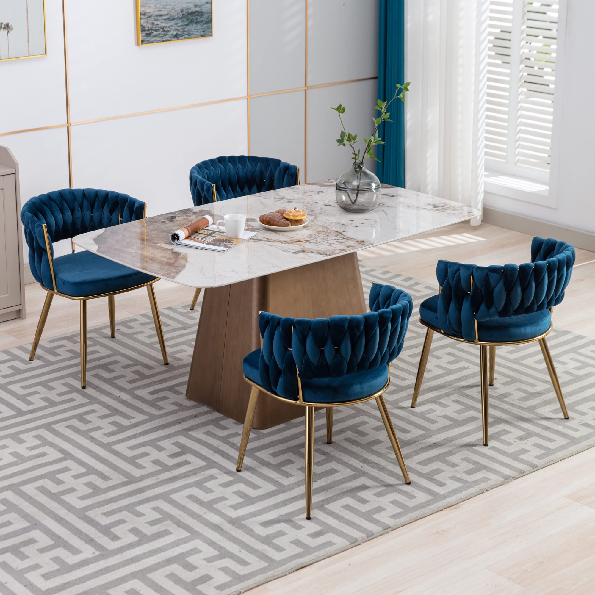 KCC Modern Velvet Dining Chairs Set of 2 - Blue Upholstered Living Room Chairs with Woven Back & Gold Metal Legs, Mid-Century Accent Side Chairs for Dining Room, Kitchen, Office or Lounge - Perfect for Entertaining Guests or Cozy Family Meals