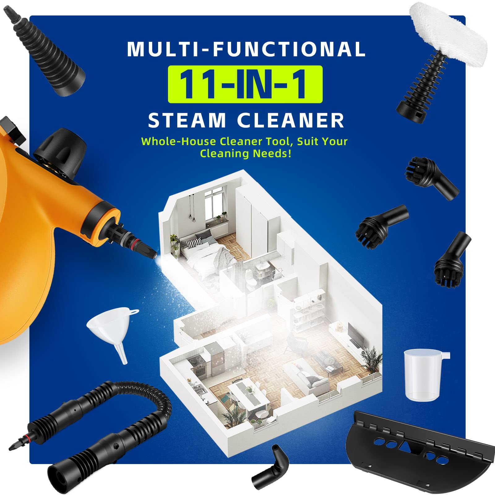Handheld Pressurized Multi-Surface Steam Cleaner with 11 Accessories - Chemical-Free Home Steam Cleaner for Floors, Tiles, Windows, Couches & Grout | Perfect for Deep Cleaning Kitchens, Bathrooms & Upholstery