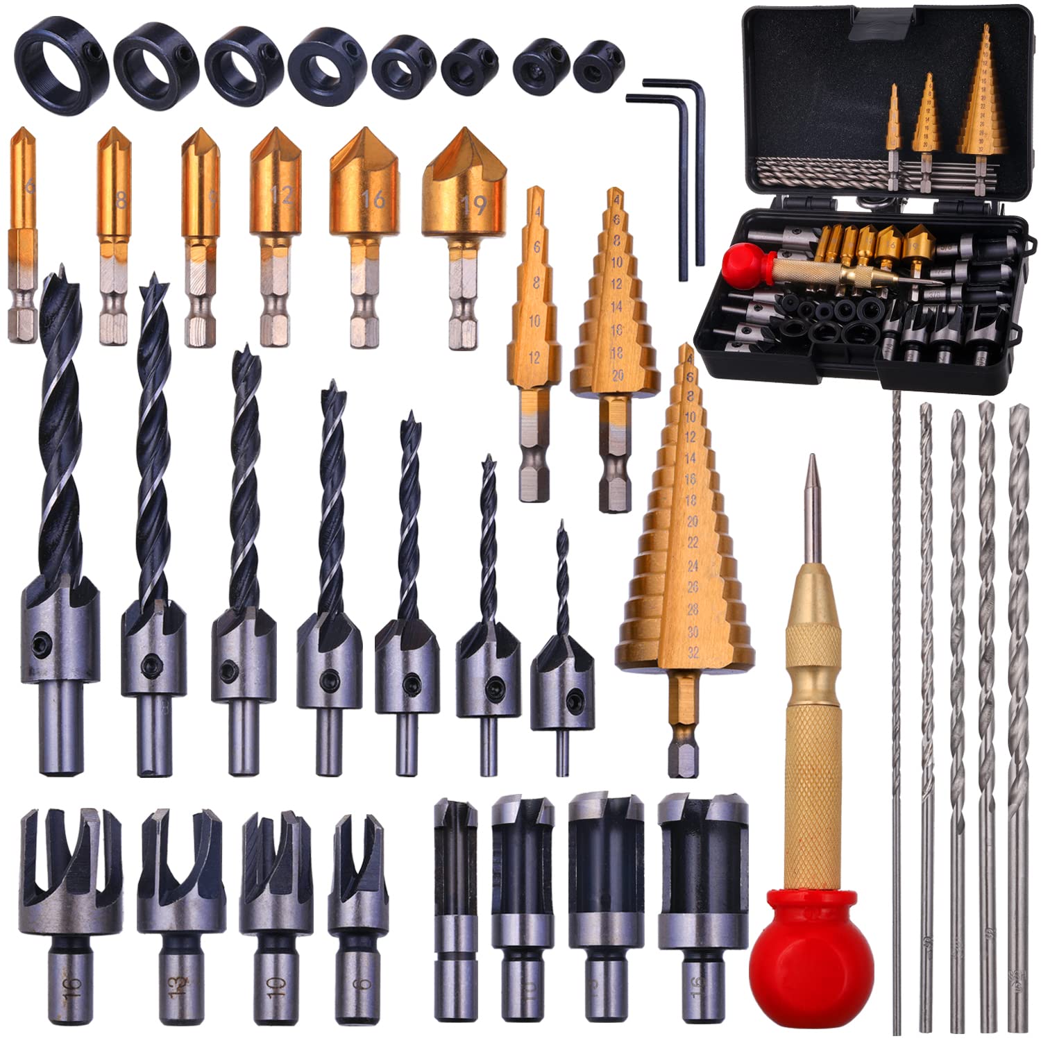 Rocaris 39-Piece Woodworking Chamfer Tool Kit with Countersink Drill Bits, L-Wrench, Plug Cutter, Step Drill Bit, Center Punch & Drill Stop Collars – Perfect for DIY Furniture Making, Cabinet Installation & Wood Craft Projects