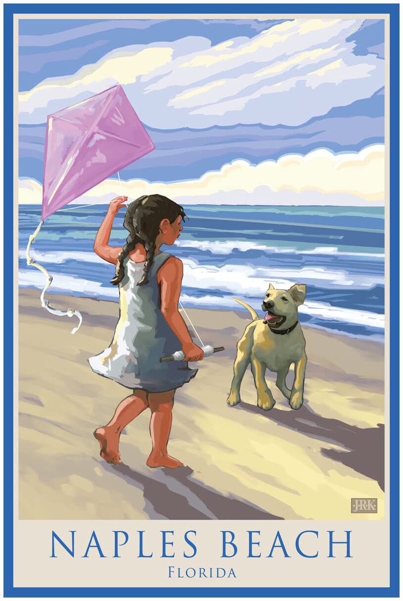 Florida Naples Beach Art Print - Girl, Dog & Kite Illustration by Joanne Kollman - 30x45 Inch Giclee Poster - Perfect for Beach House Decor, Living Room Wall Art & Coastal Themed Gifts