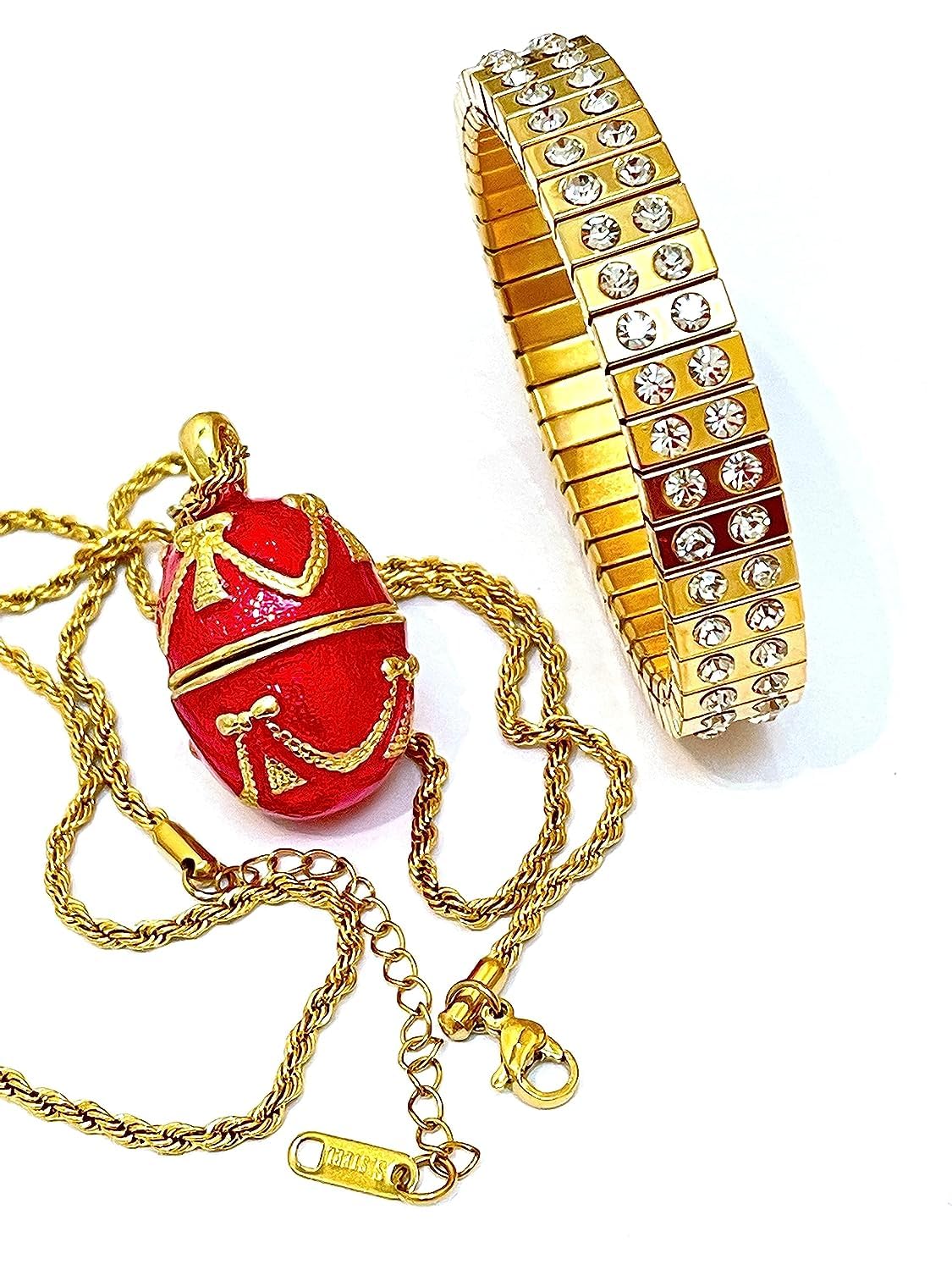 Luxury Fabergé Style Russian Egg Necklace Pendant & 96 Austrian Crystal Handmade Bracelet Set - 24K Gold Decor Jewelry Gift for Women, Her, Birthday, Anniversary, Valentine's Day - Elegant Party, Wedding, Special Occasion Accessories