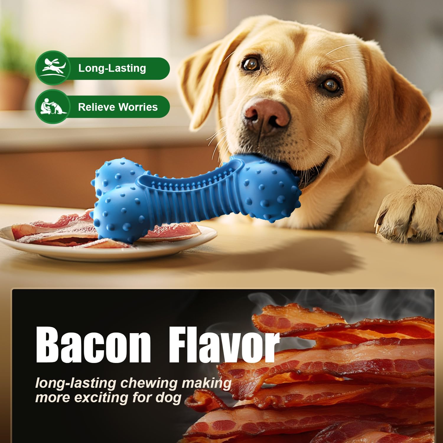 Durable Natural Rubber Dog Chew Toys for Aggressive Chewers - Bacon Flavor Indestructible Toy for Medium & Large Dogs | Perfect for Playtime, Training & Anxiety Relief