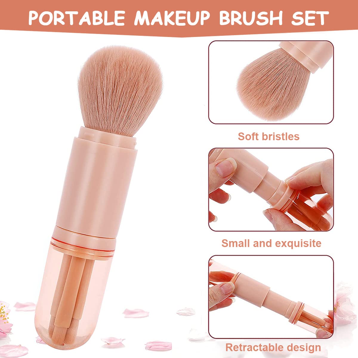 MAYCREATE® 4-in-1 Portable Makeup Brush Set - Retractable Powder, Lip, Highlight & Eyeshadow Brushes for Travel | Mini Cosmetic Brush Kit (Nude) | Perfect for On-the-Go Touchups & Professional Makeup Application