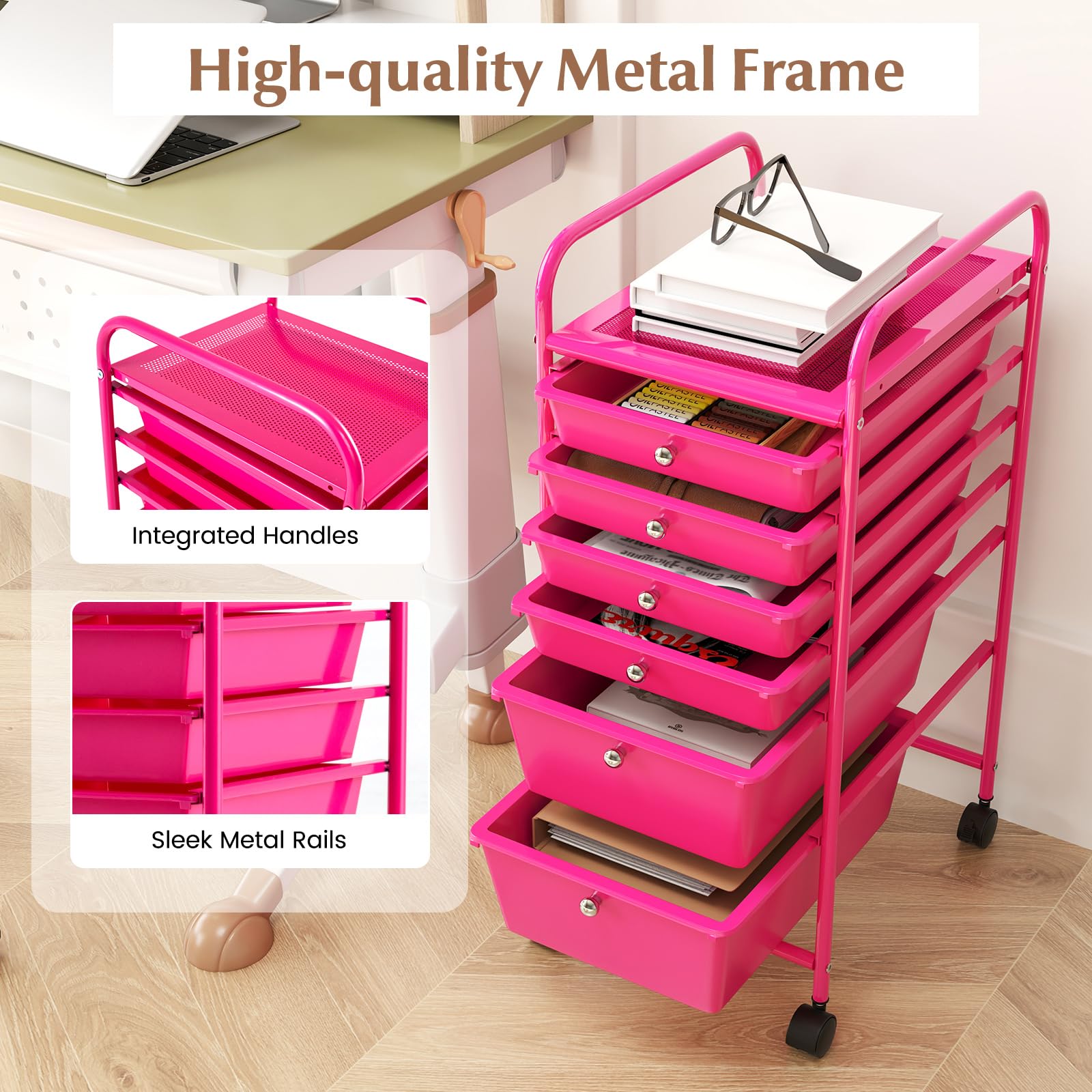 RELAX4LIFE 6-Drawer Rolling Storage Cart with Removable Plastic Bins - Mobile Organizer for Classroom, Home Office & Craft Supplies | Portable Utility Cart for School, Art Projects & Office Organization (Pink)