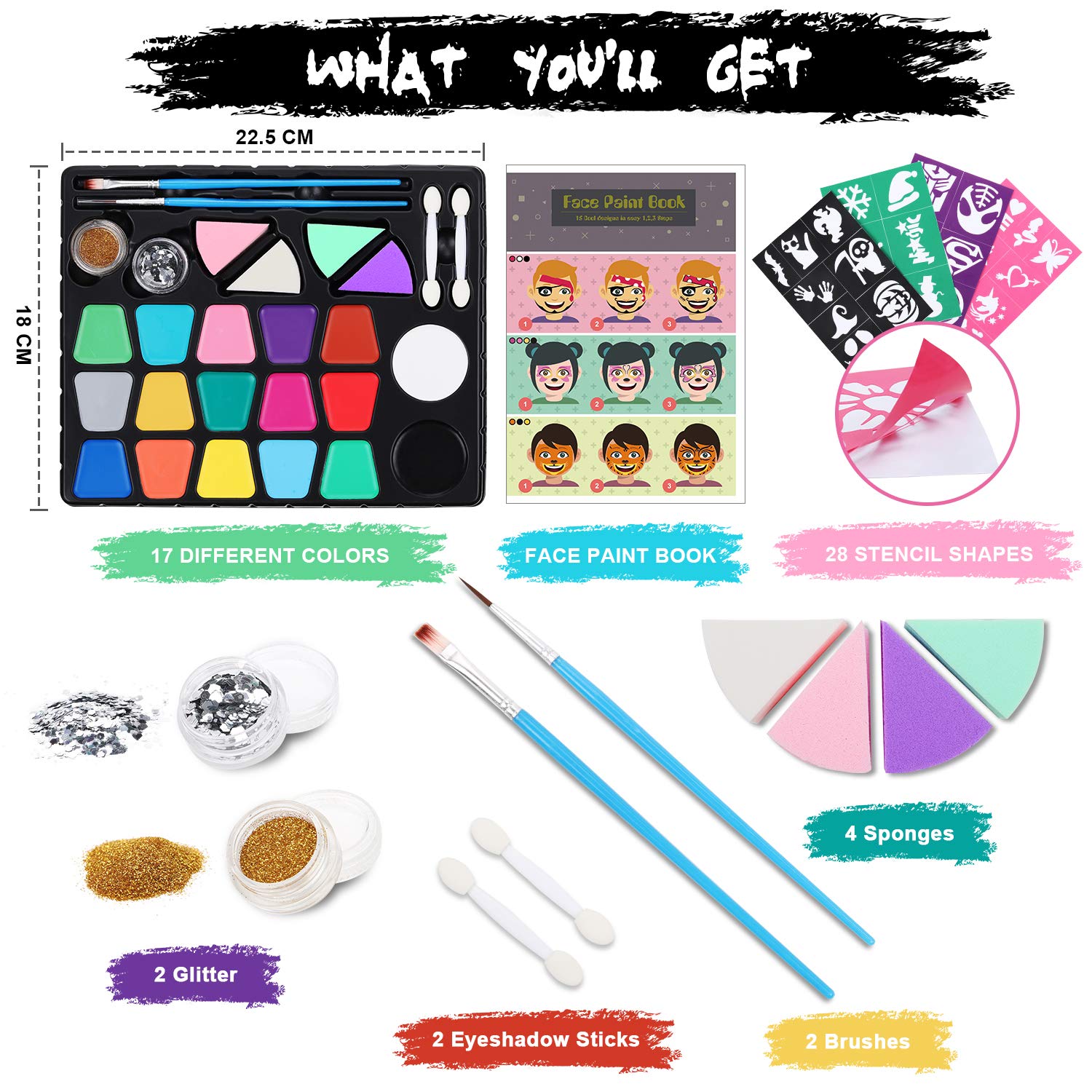 Lenbest Kids Face Paint - 17 Colors for Halloween & Parties
