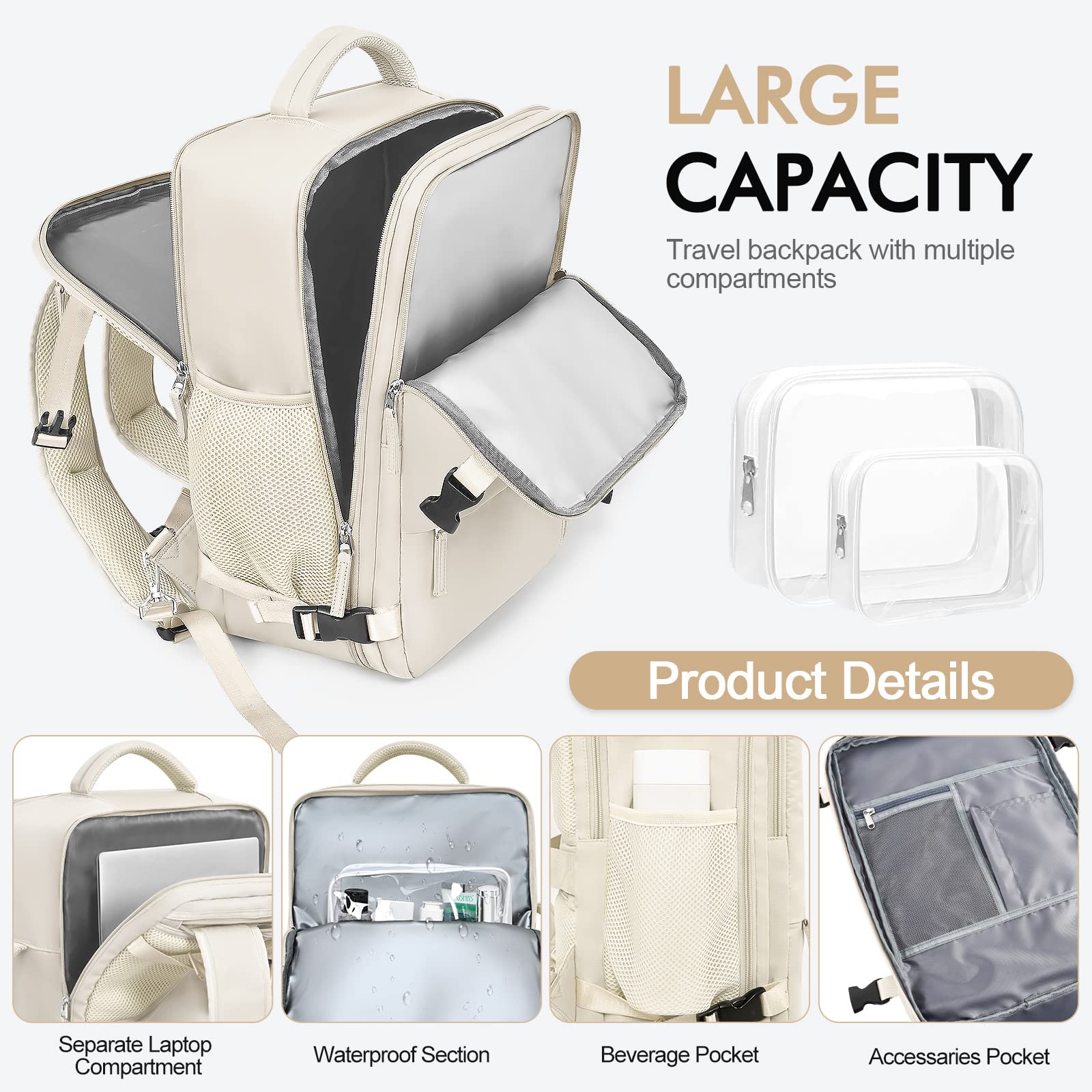 Airline Approved Carry-On Travel Backpack for Men & Women - Large Gym & Work Backpack Bag, Beige | Perfect for Business Trips, Gym, Hiking & Daily Commute