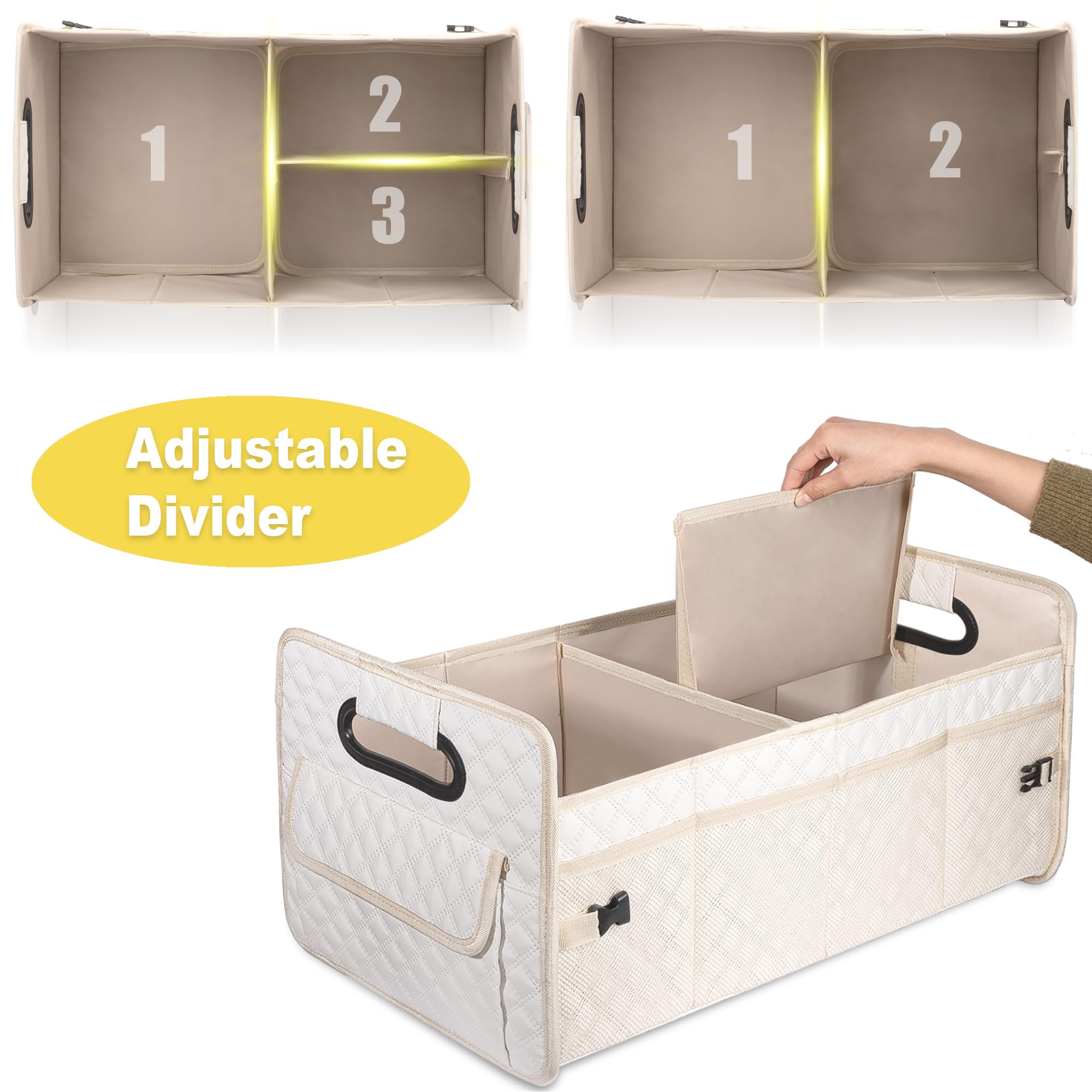 JiatuA Collapsible Multi-Compartment Car Trunk Organizer for SUV - Adjustable Storage Container Box for Women & Men (Beige) | Perfect for Road Trips, Grocery Shopping & Car Organization