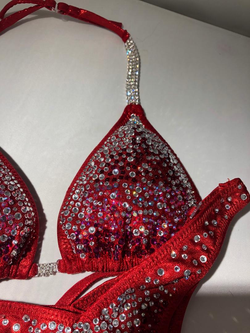 Red Physique Posing Suit - Competition Bikini with Stunning Crystals & Colored Stones for Women's Bodybuilding & Figure Contest Stage Performance