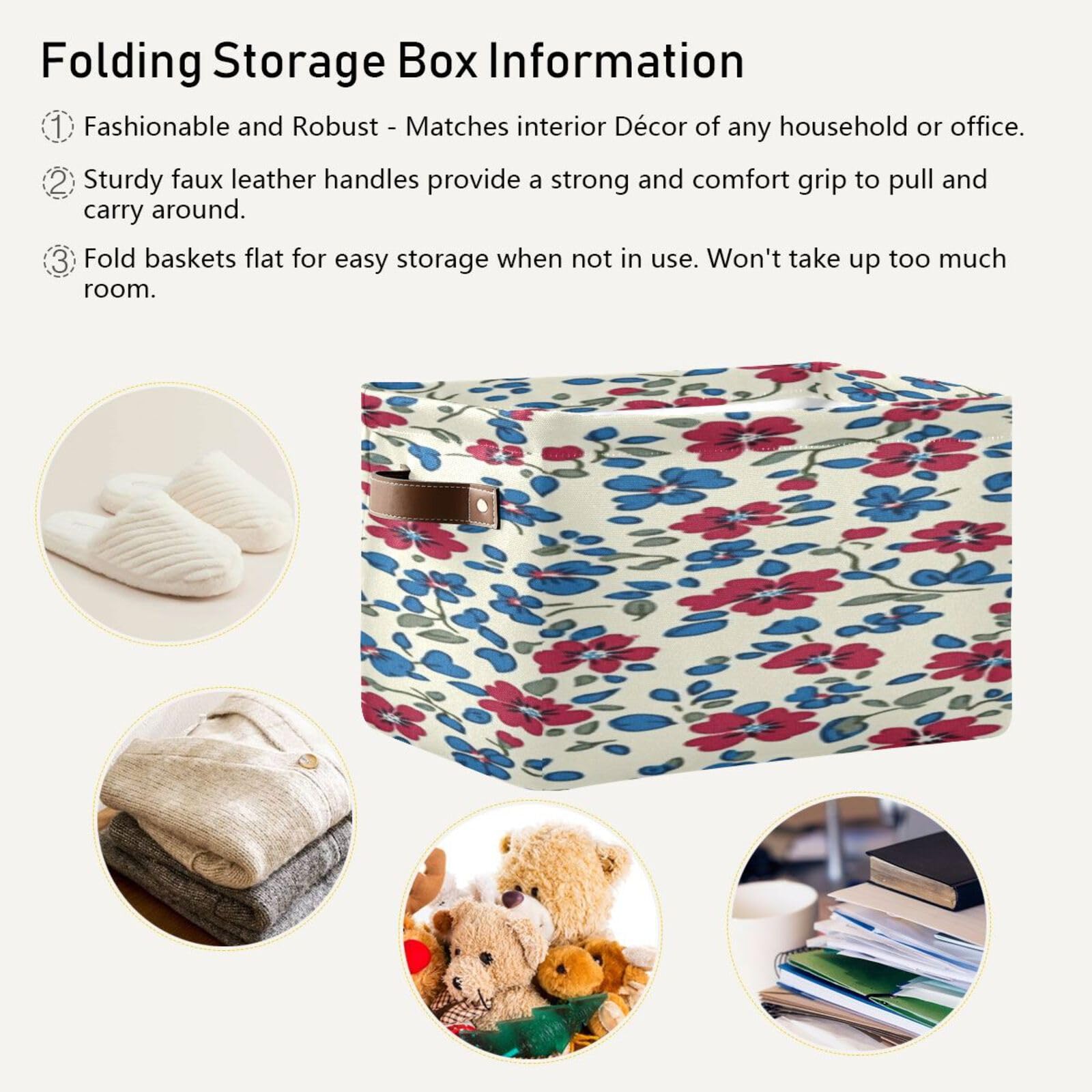 Large Storage Baskets with Handles - Foldable Home Organization Bins for Closet, Shelves & Bedroom (2-Pack, Creamy Red & Blue Floral Pattern) - Perfect for Toys, Laundry & Home Decor Storage