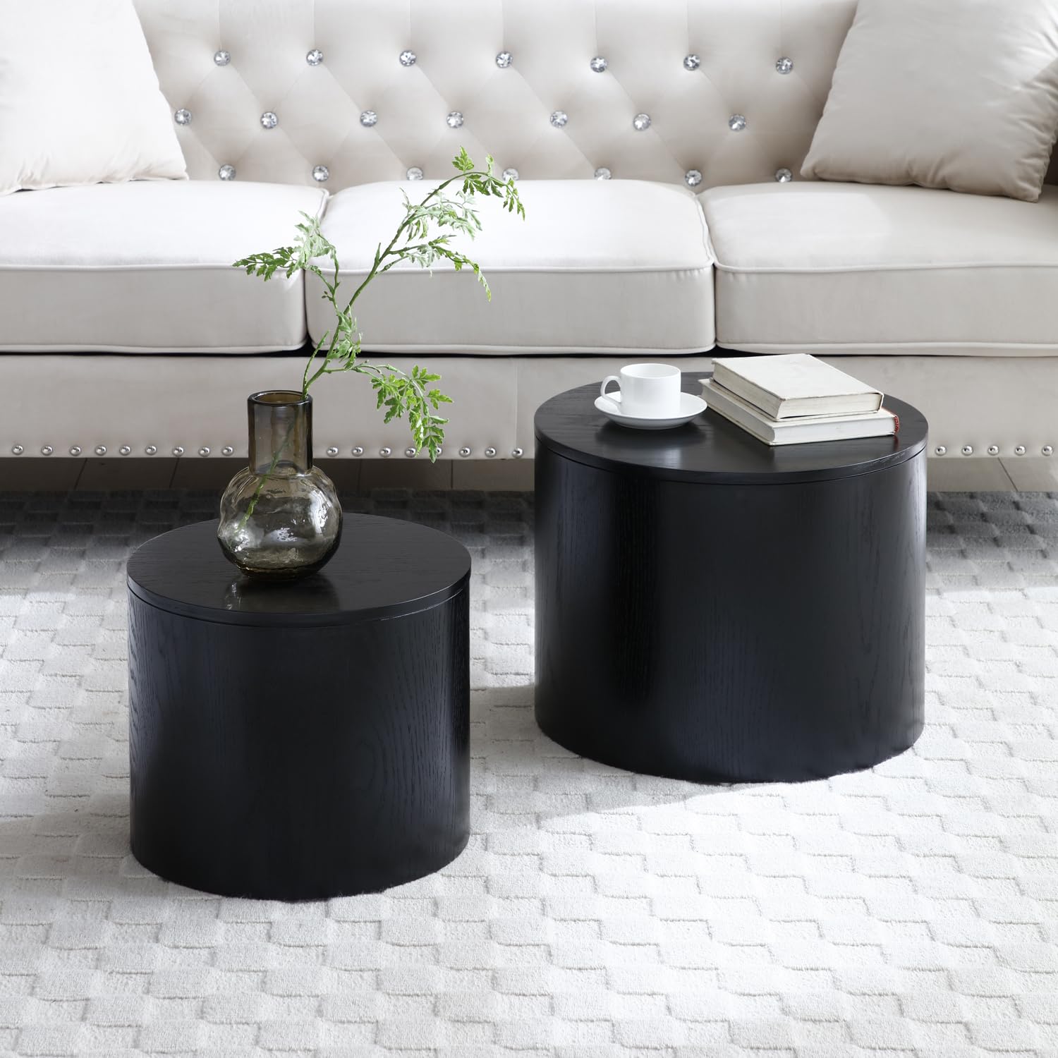 Modern Round Nesting Coffee Table Set of 2 - Wooden Drum Side Tables with Non-Slip Feet for Small Spaces | Perfect for Living Room, Bedroom, Balcony & Office Decor | Black Accent Tables