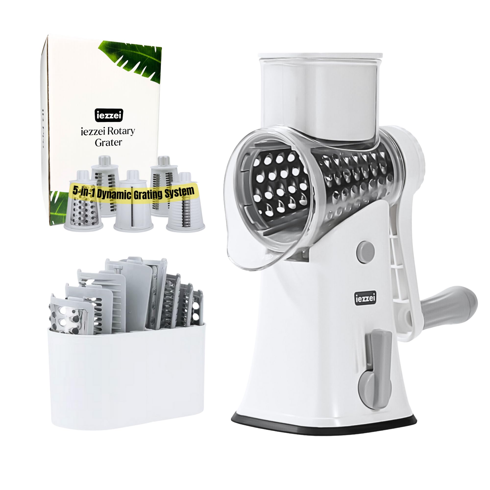 5-in-1 Rotary Cheese Grater with Stainless Steel Blades - Hand Crank Vegetable Slicer, Nut Grinder, Carrot Shredder, Fruit Cutter & Potato Crinkle Cutter - Non-Slip Suction Base for Kitchen, Salad Prep & Meal Preparation
