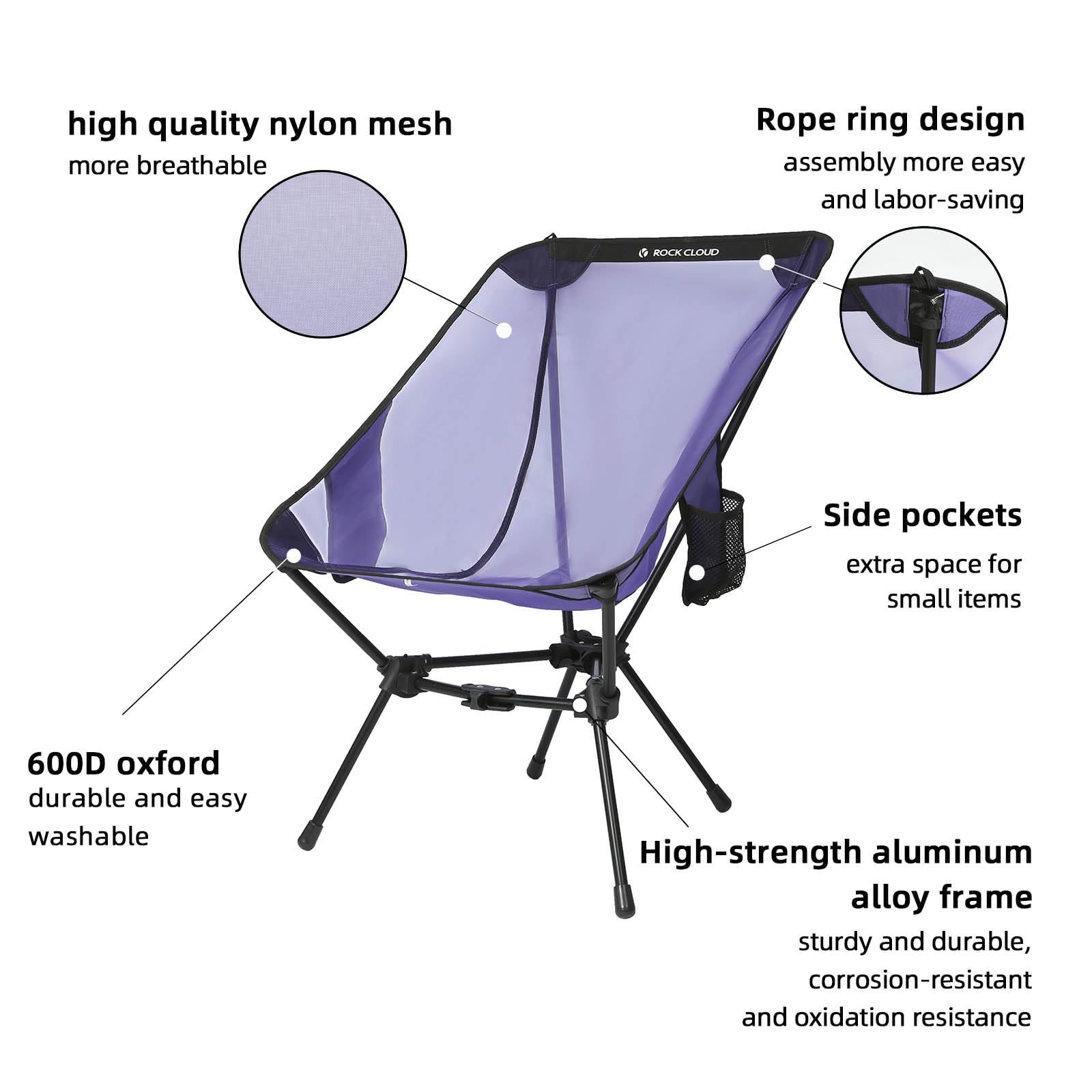 2 Pack ROCK CLOUD Ultralight Folding Camping Chairs - Portable Outdoor Chairs for Adults, Large Size with Violet Mesh - Perfect for Camping, Hiking, Backpacking, Beach, Lawn, Picnics & Sports Events