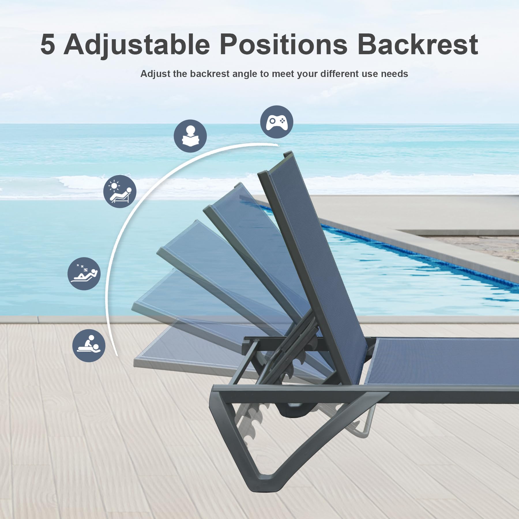 Domi Adjustable Aluminum & Plastic Pool Lounge Chairs Set of 2 - All-Weather Outdoor Chaise Lounge for Beach, Poolside & Lawn (Navy Blue Textilene) | Perfect for Sunbathing, Relaxing by the Pool & Backyard Lounging
