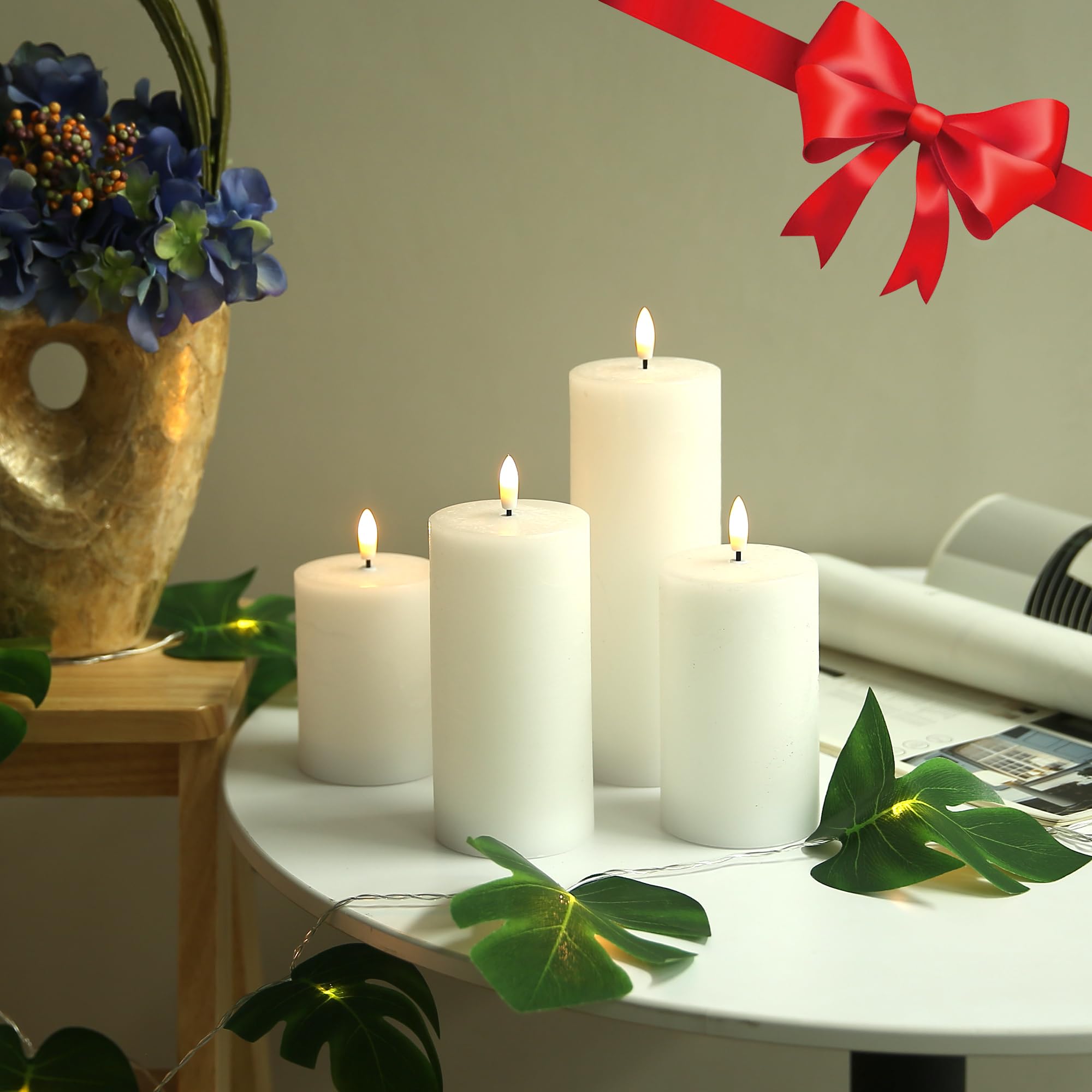 LUSHABOR 4 Pack Flameless LED Candles with Remote - Battery Operated Real Wax Pillar Candles with Timer & Flickering Effect - Perfect for Christmas Decorations, Wedding Centerpieces, Home Party Lighting (White)