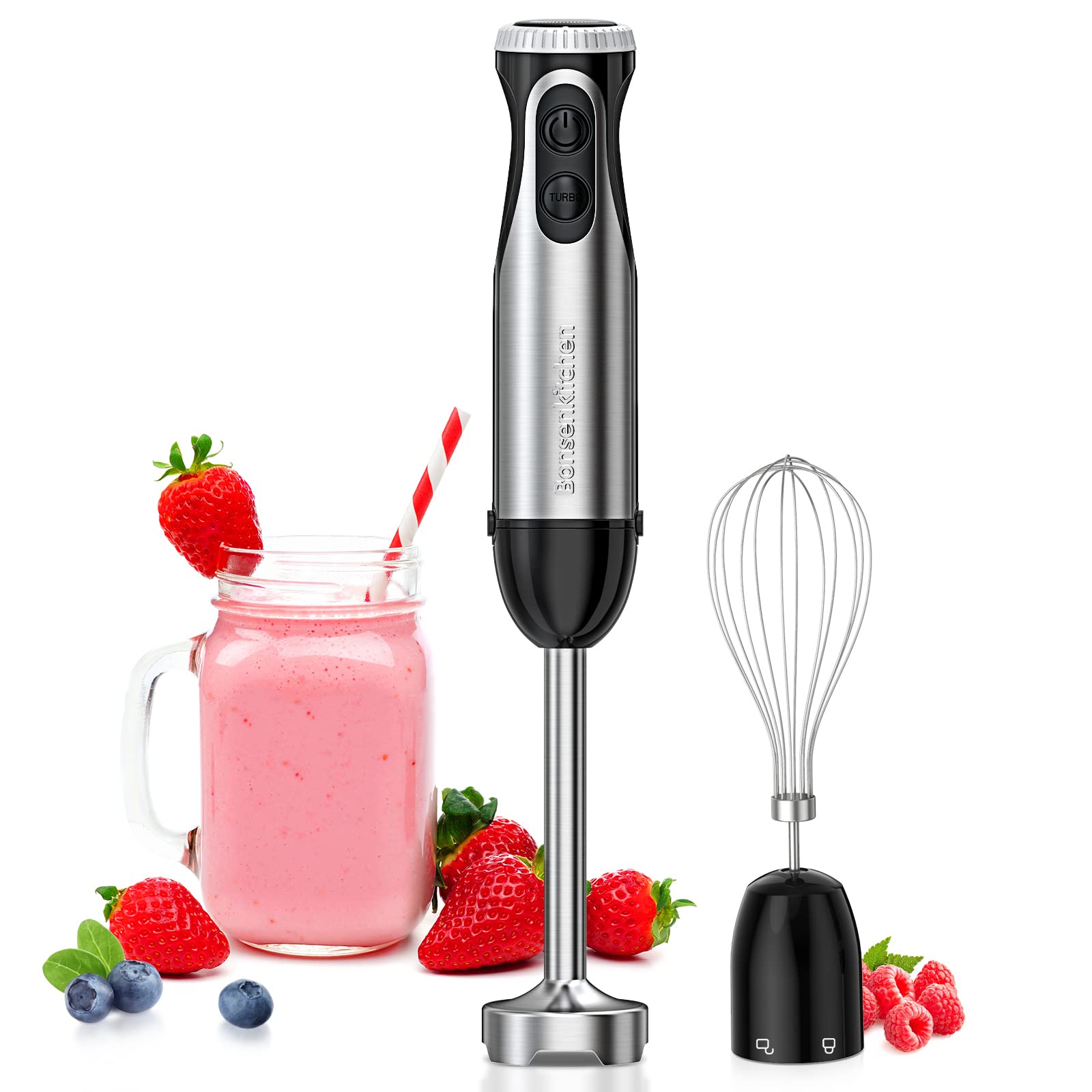 Premium 500W Immersion Hand Blender - 2-in-1 Multi-Purpose Stick Blender with Whisk Attachment, 20-Speed & Turbo Mode, 304 Stainless Steel - Perfect for Smoothies, Baby Food Puree, Soups & Kitchen Mixing - Ideal for Home Cooking, Baking & Meal Prep