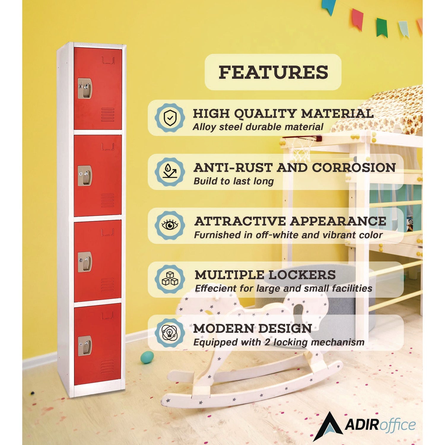 AdirOffice 4 Compartment Steel Storage Locker - 12 x 12 x 72 Inches, Red - Heavy Duty School Gym Locker for Home, Office & Warehouse Organization