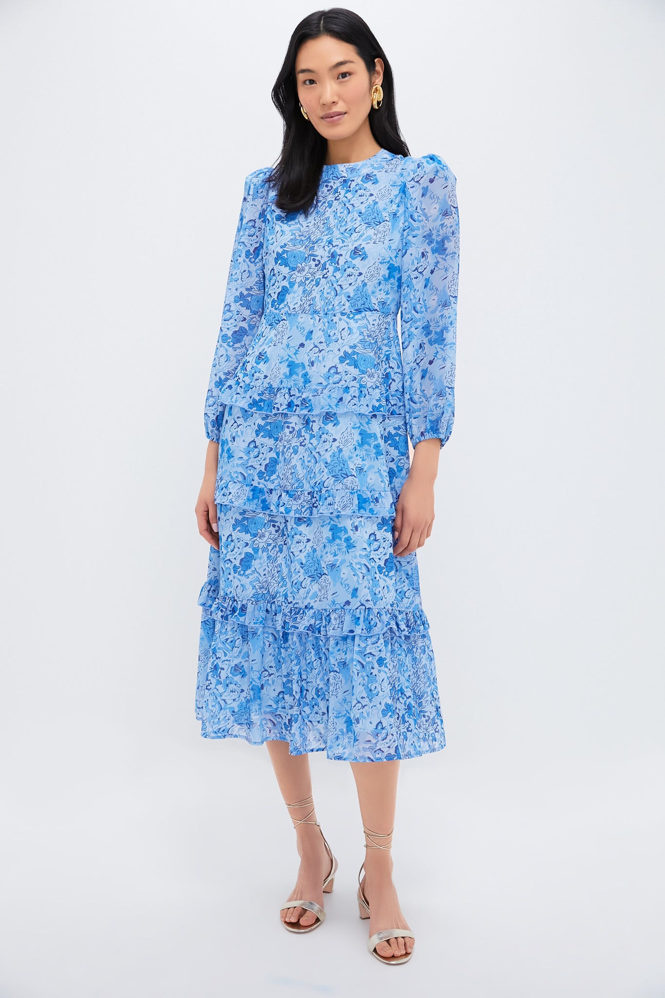 Blue Multi Abstract Floral Rosalind Ruffle Midi Dress - Elegant Summer Dress for Women, Perfect for Beach Vacations, Garden Parties & Date Nights