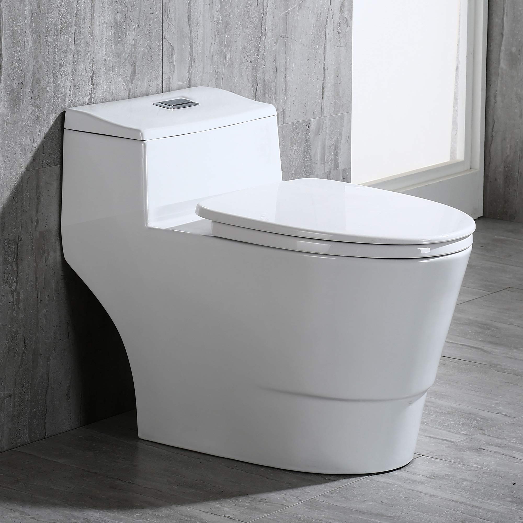 WOODBRIDGE Modern Elongated One-Piece Toilet - Dual Flush 1.0/1.6 GPF, Soft-Close Seat, White (Model B0735/T-0018) - Perfect for Contemporary Bathrooms & Water-Efficient Homes