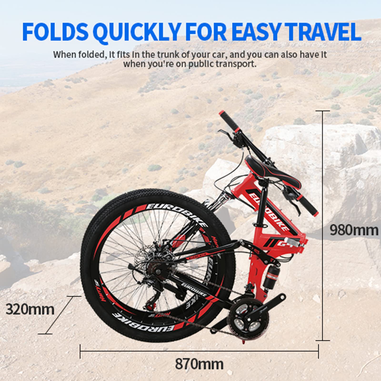 EUROBIKE 21 Speed Folding Bike for Adults - 26/27.5 Inch Dual Suspension Mountain Bike - Compact & Portable for Commuting, Travel & City Riding