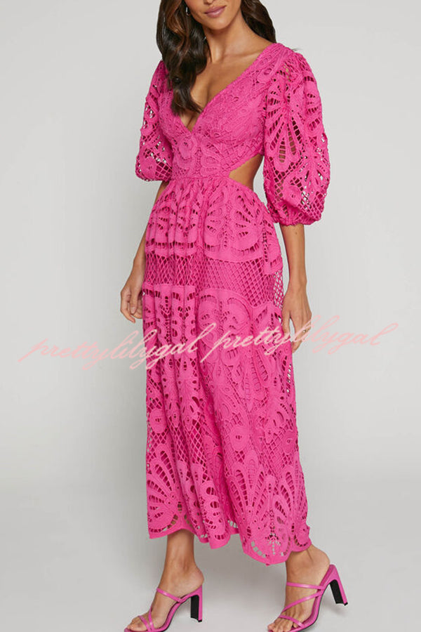 Elegant Solid Color V-Neck Lace Maxi Dress for Women - Sexy Hollow Out Waistless Long Dress for Summer, Beach, Party & Evening Wear
