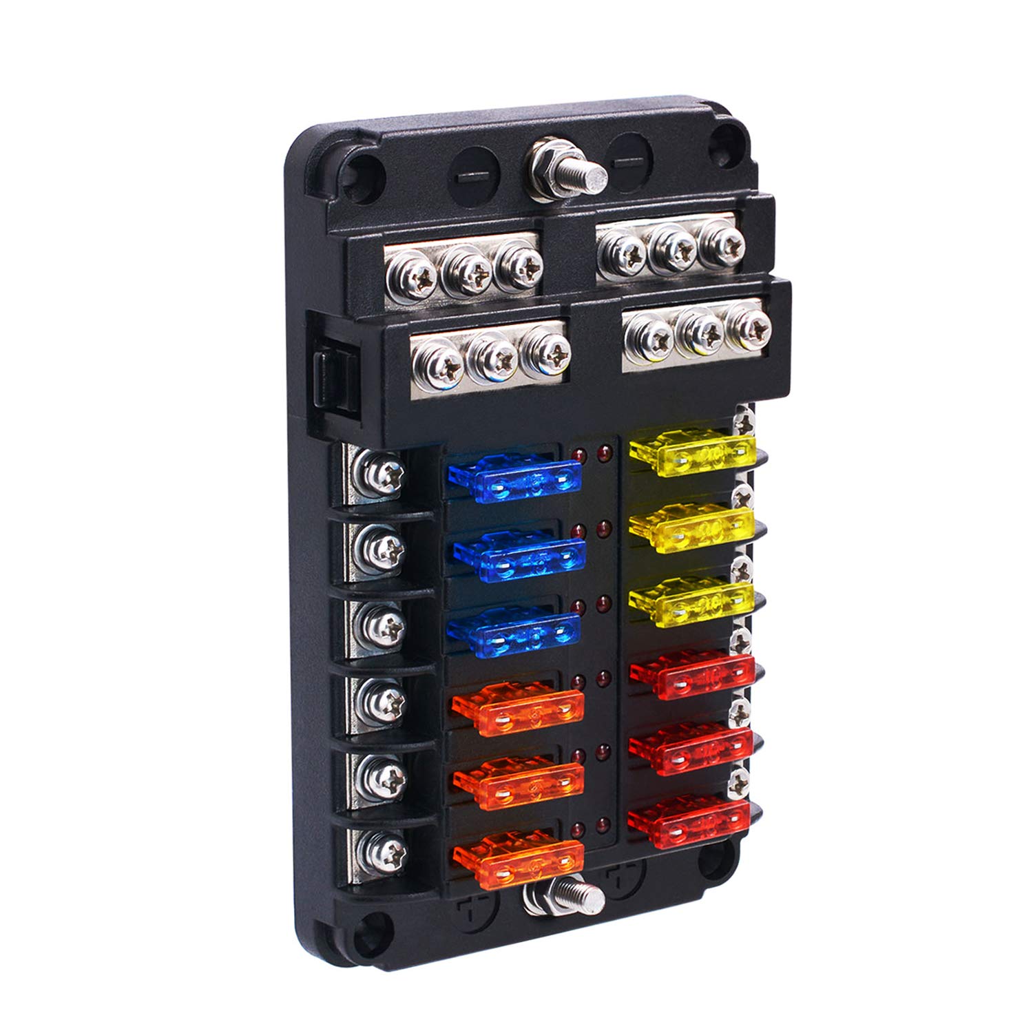 BlueFire 12-Way Blade Fuse Box with LED Light & Protection Cover - Standard Circuit Fuse Holder Block for Cars, Trucks, Boats, Marine, SUVs, RVs, Yachts | Waterproof & Durable Electrical Protection for Automotive & Marine Applications