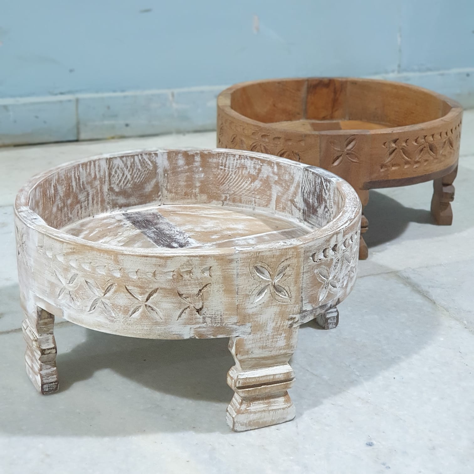 Hand Carved Solid Wood Chakki Grinder Coffee Table - 31x31x16cm Whitewashed Finish - Perfect for Living Room, Lounge & Boho Home Decor