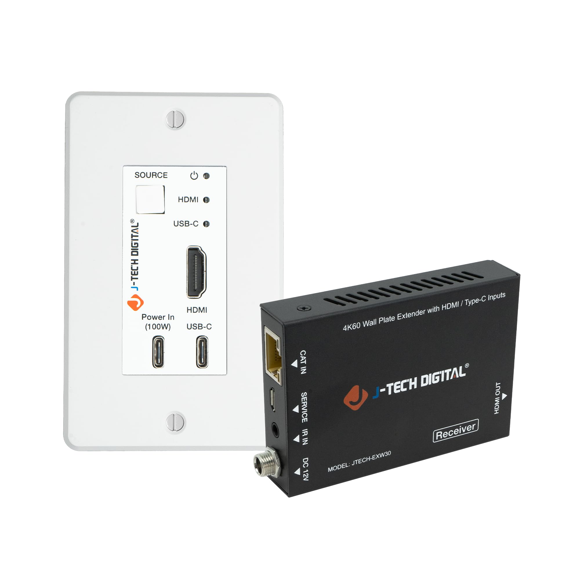 J-Tech Digital 4K HDMI & USB C Extender Over Single Cat5e/6/7 Cable - 164ft Range with Wall Plate, HDR, Dolby Vision, USB-C Charging & PoC - Perfect for Home Theater, Gaming & Office Setups [JTECH-EXW30]