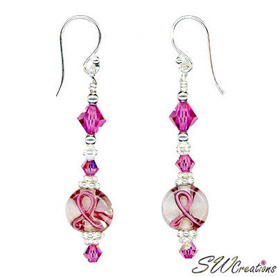 Rose Crystal Lampwork Bali Breast Cancer Awareness Earrings - Handmade Beaded Jewelry for Women, Gift for Survivors & Supporters - Wear for Charity Events, Fundraisers & Everyday Inspiration