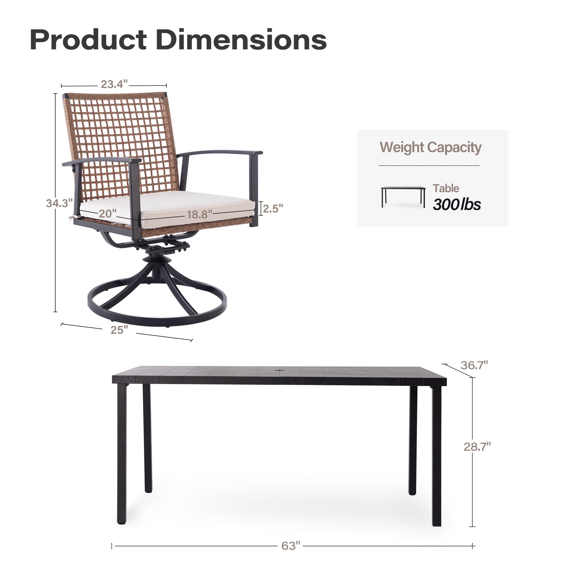 LUSAINT HOME 7-Piece Patio Dining Set - 6 Swivel Chairs with Soft Cushions & Iron Slat Table with Umbrella Hole, Durable Outdoor Furniture for Backyard, Garden, Poolside or Deck | Weather-Resistant Conversation Set for Entertaining Guests
