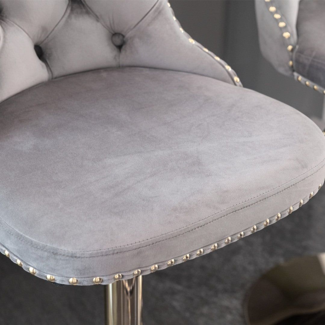 Adjustable Height Swivel Bar Stool with Footrest - Velvet Upholstery, Studded Design & Golden Base (Grey) - Perfect for Kitchen Islands, Home Bars & Dining Counter Stools
