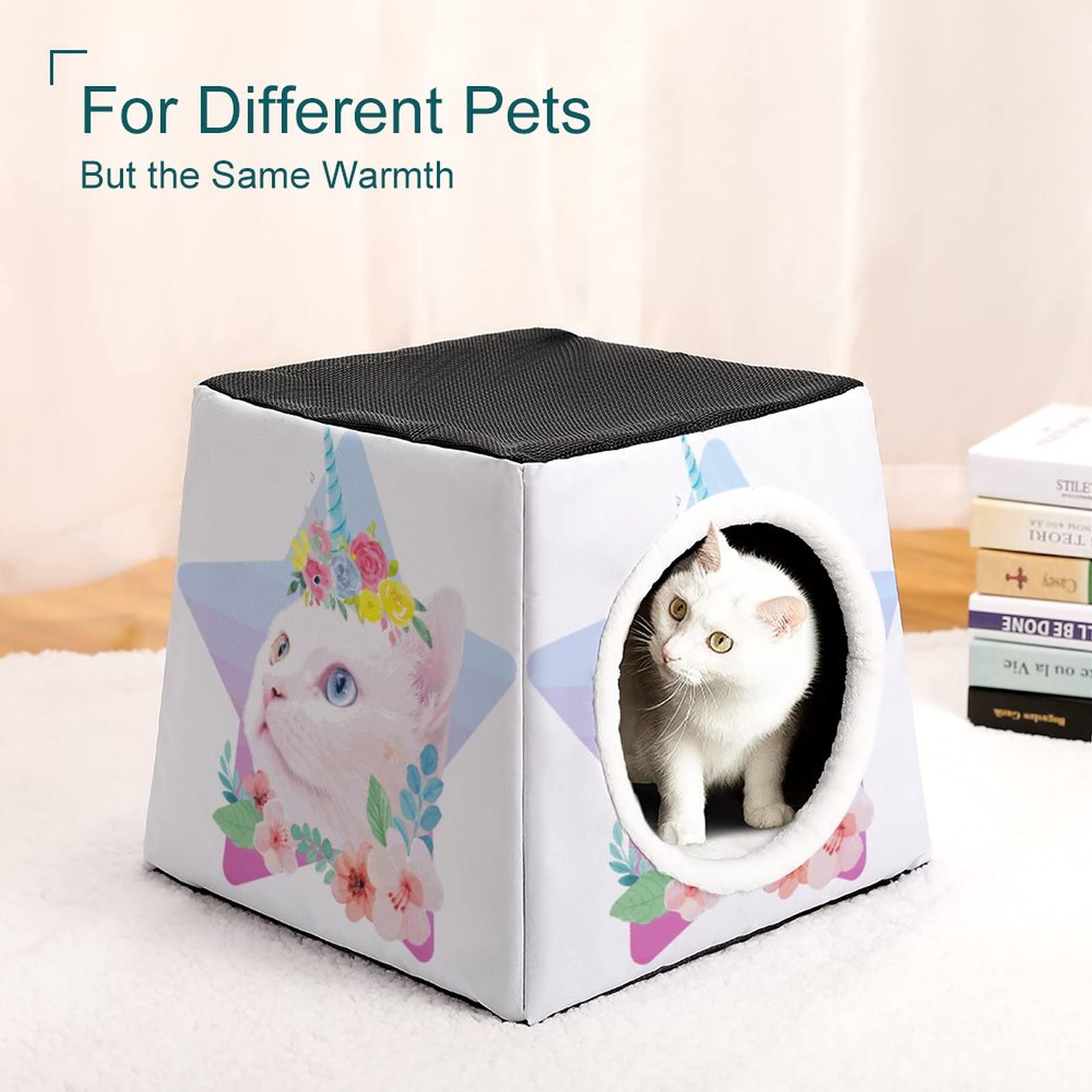 Personalized Cat Houses & Habitats - Printed Cat Cube, Cat Condo, Indoor Pet Bed & Sofa Cave for Cats - Unicorn & Flower Designs | Cozy Sleeping Spot, Play Area & Home Decor for Kittens
