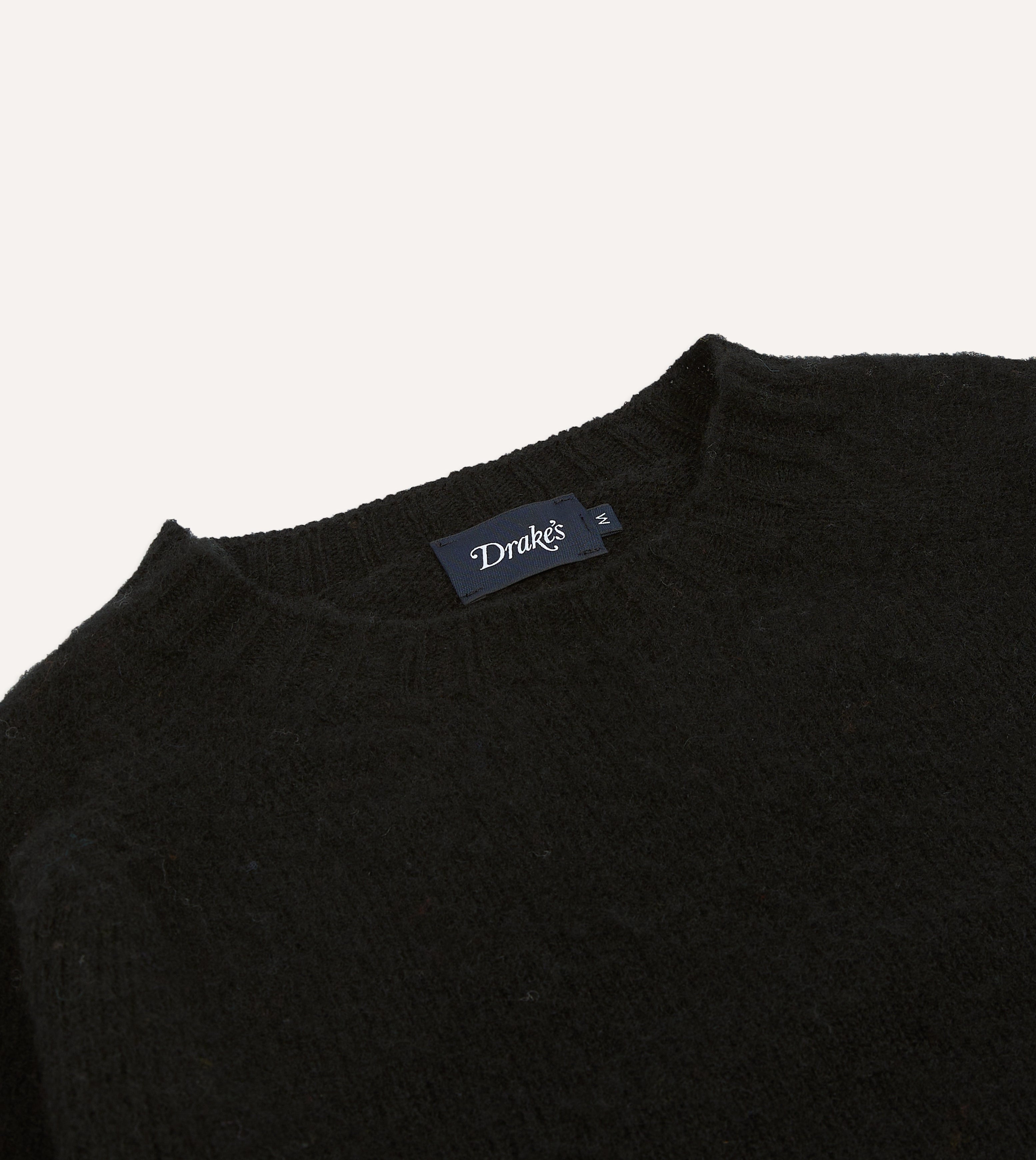Black Brushed Shetland Wool Crew Neck Sweater for Men - Warm Winter Knit Pullover for Casual Outfits & Office Wear