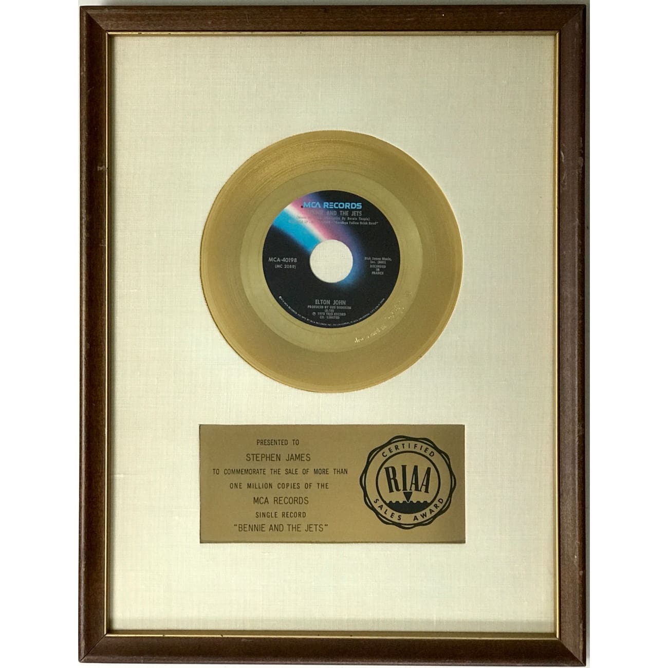 Elton John Bennie and the Jets White Matte RIAA Gold 45 Award - Rare Collectible Vinyl Record for Music Enthusiasts & Vintage Decor