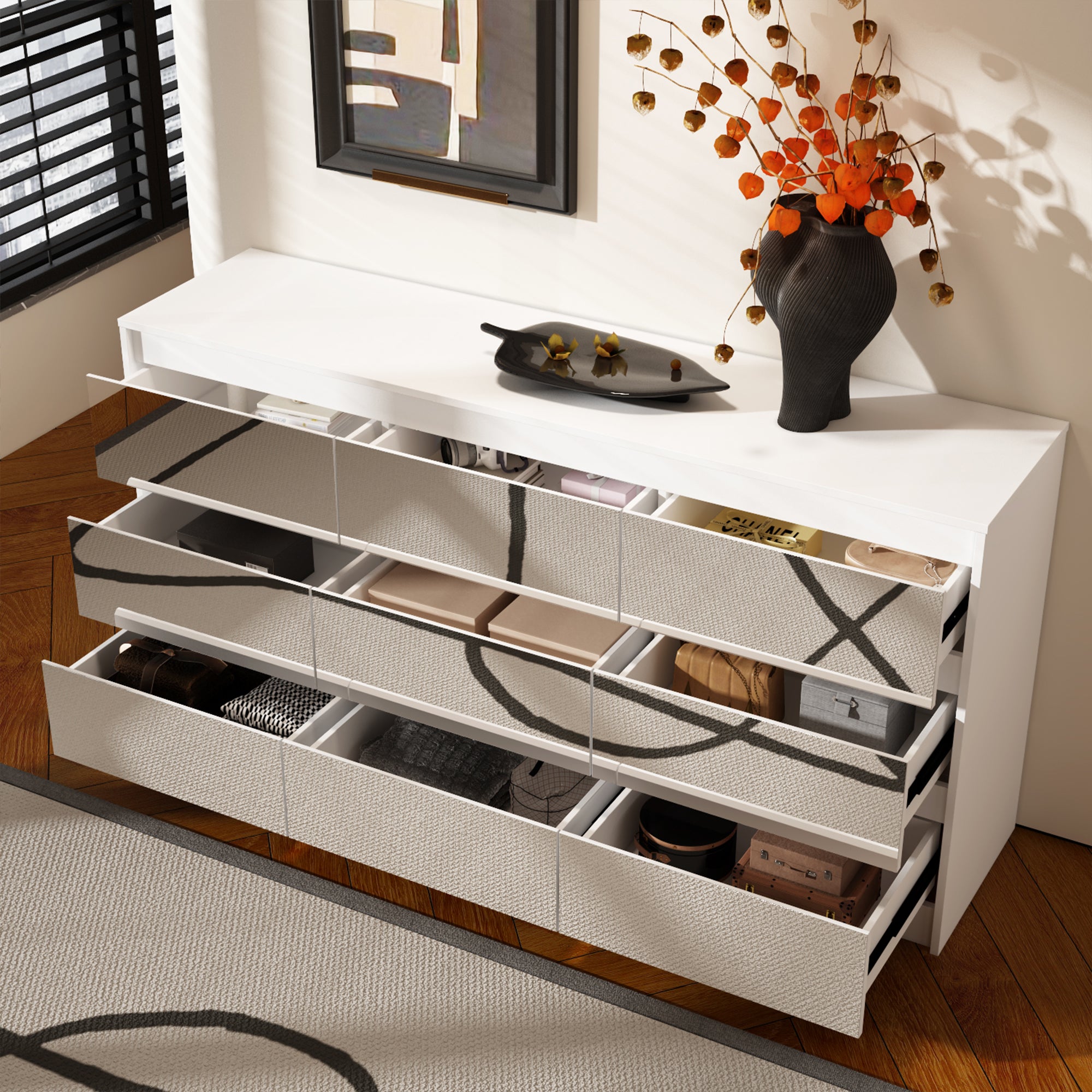 Wide Buffet Cabinet Triple Dresser with 9 Drawers - Spacious Storage Sideboard for Dining Room, Bedroom & Living Room Organization