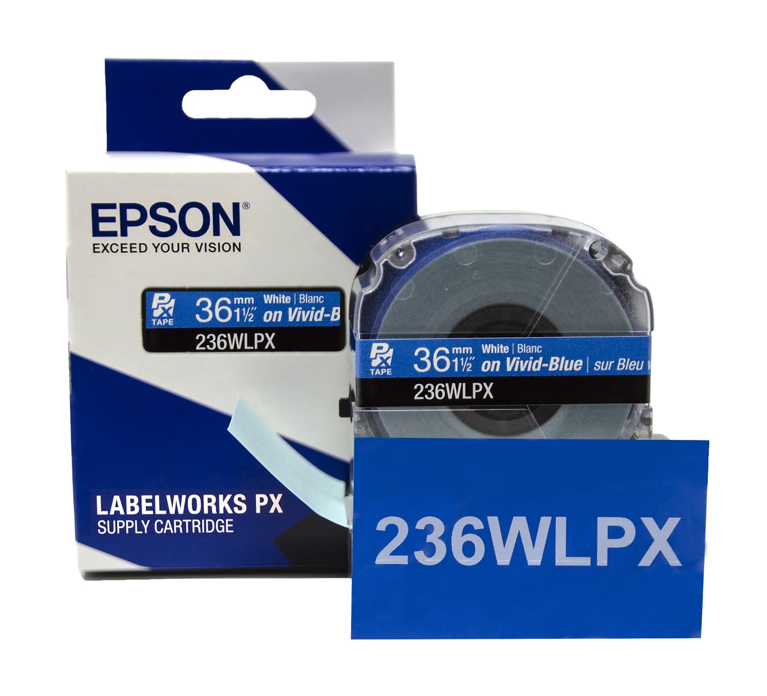 Epson LABELWORKS 236WLPX PET Polyester Tape Cartridge - White on Blue Label Maker Tape - 1.5