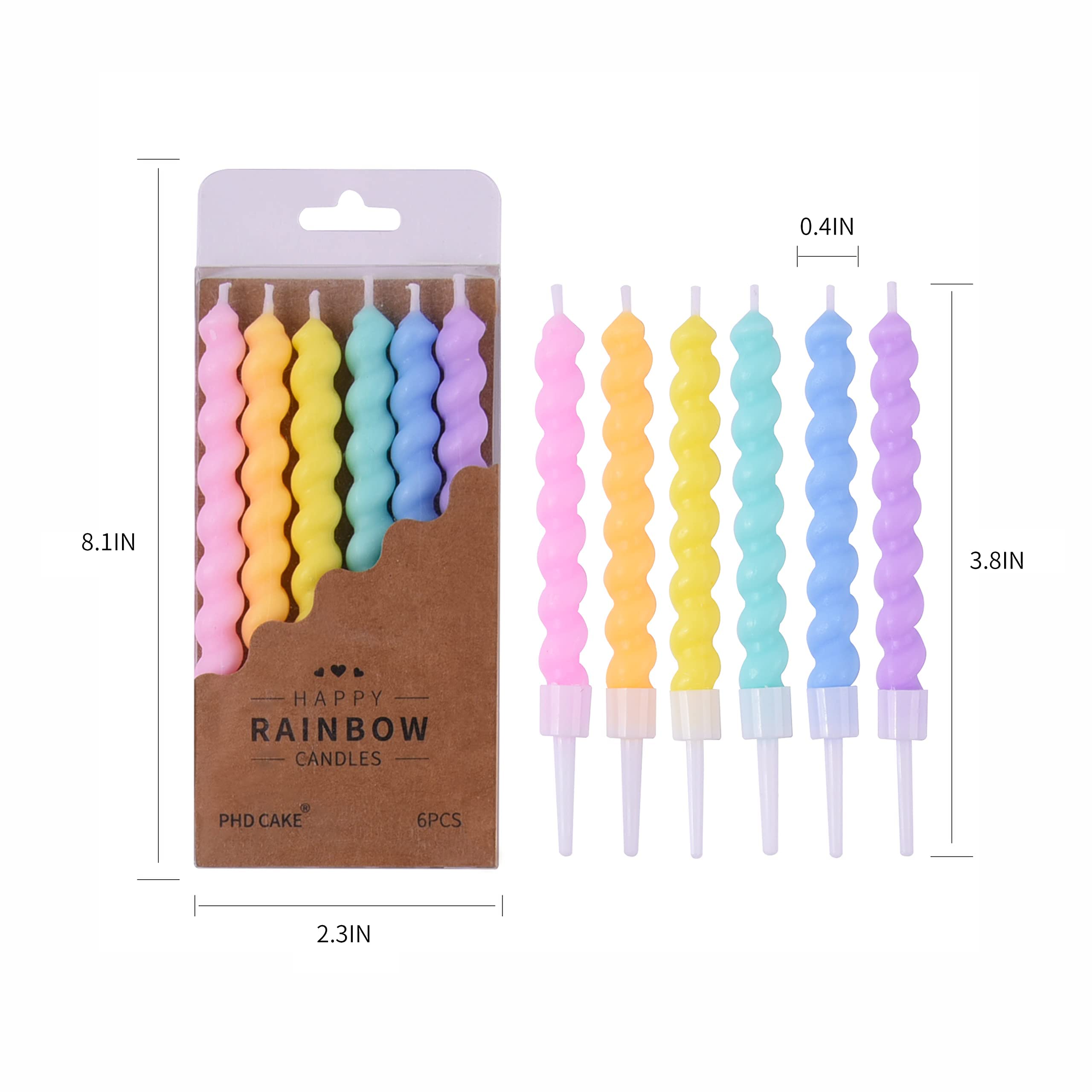 PHD CAKE 36-Count Rainbow Spiral Birthday Candles with Holders - Colorful Party Candles for Cakes, Cupcakes & Desserts - Perfect for Birthday Parties, Baby Showers & Celebrations