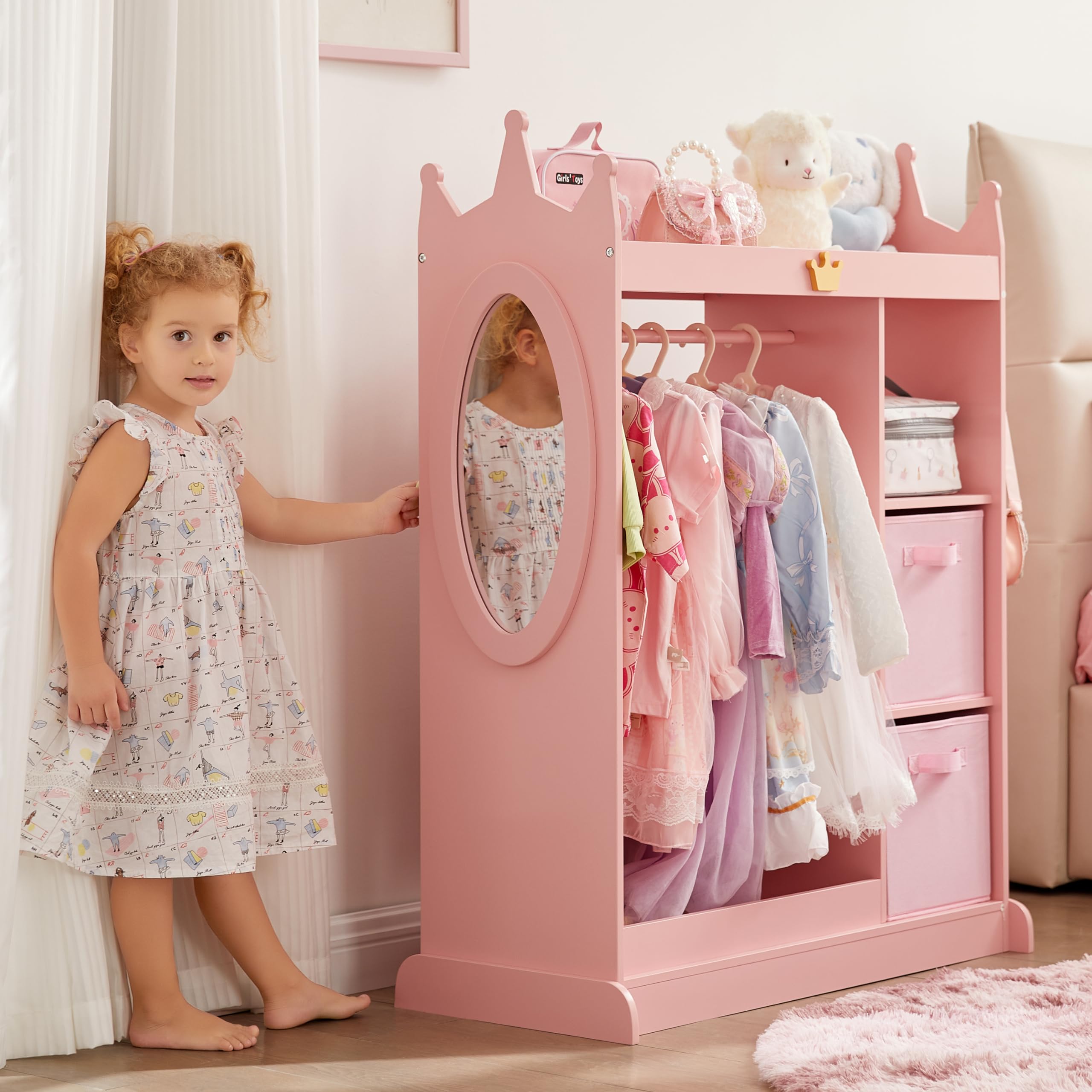 Pink Kids Dress Up Storage Closet with Mirror, 2 Storage Bins & Cloth Hanger - Playroom Armoire Dresser for Pretend Play, Bedroom & Kids Room Organization - Perfect for Dress-Up Games & Toy Storage