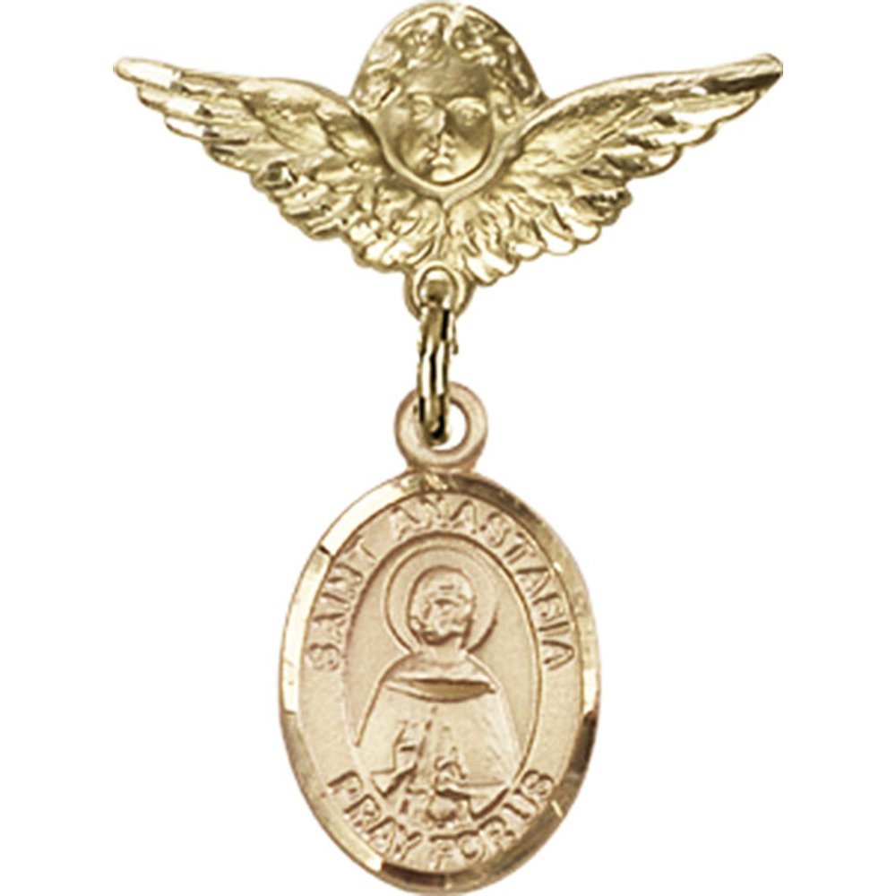 Gold Filled Baby Badge Pin with St. Anastasia Charm & Angel Wing Charm - 1 X 3/4 Inch - Perfect for Christening Gifts, Baby Shower Favors & Keepsake Jewelry